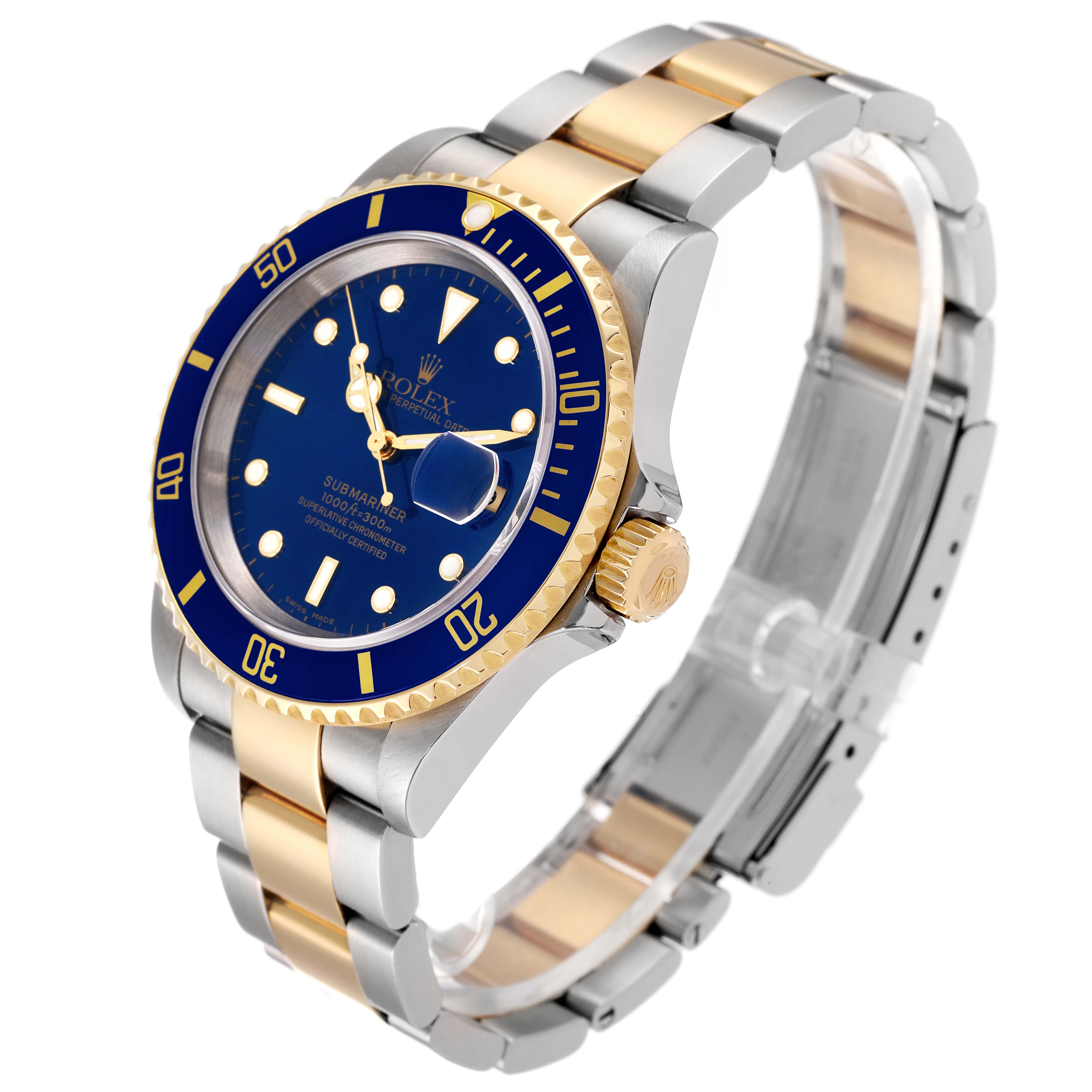 The Rolex Submariner 16613 Men
s Steel and Gold (two tone) Blue Dial 16613 Men
s Steel and Gold (two tone) Blue Dial watch is shown at an oblique angle, displaying the bezel, dial, crown, and bracelet.