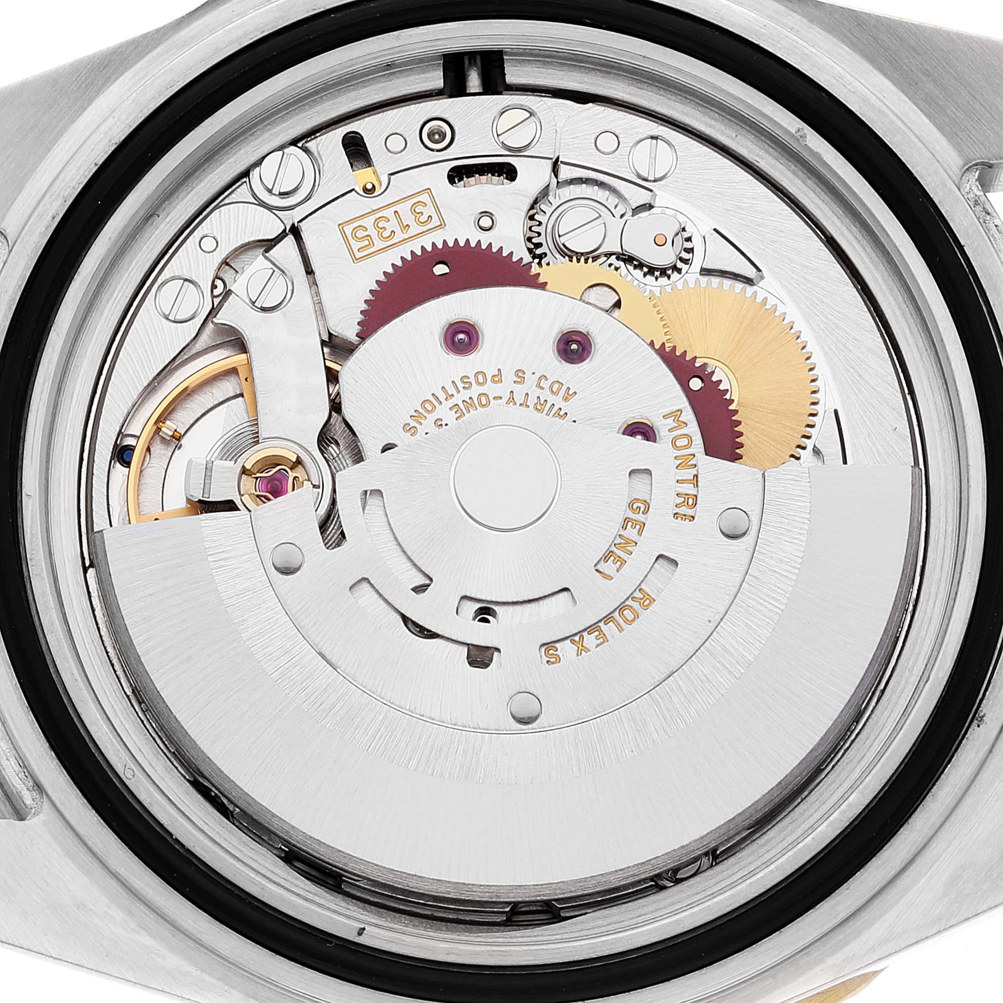 This image shows the inner mechanical movement of the Rolex Submariner 16613 Men
s Steel and Gold (two tone) Blue Dial 16613 Men
s Steel and Gold (two tone) Blue Dial watch, viewed from the back.
