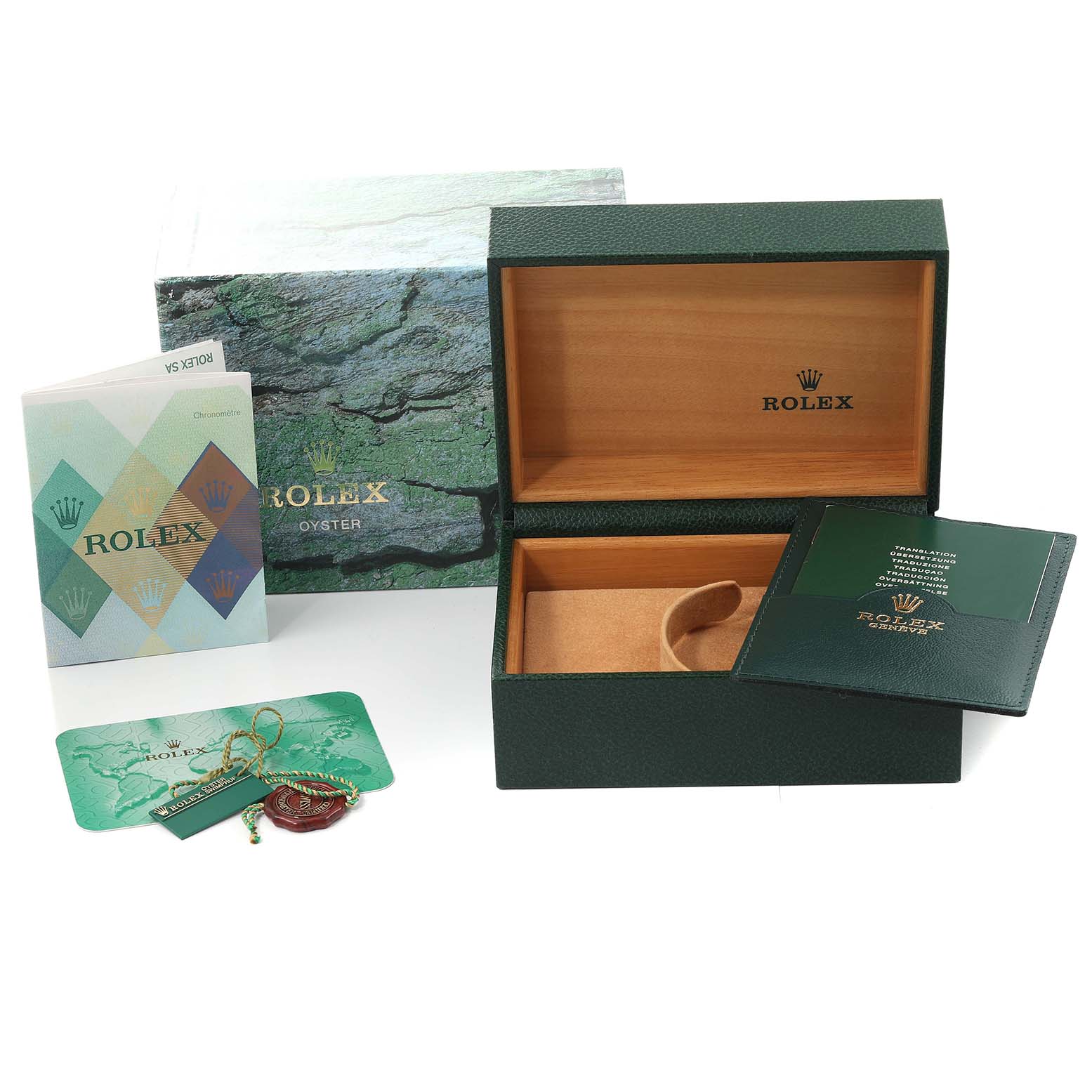 The image shows a Rolex Submariner 16613 Men
s Steel and Gold (two tone) Blue Dial 16613 Men
s Steel and Gold (two tone) Blue Dial watch box, outer box, warranty card, booklet, and accessories.