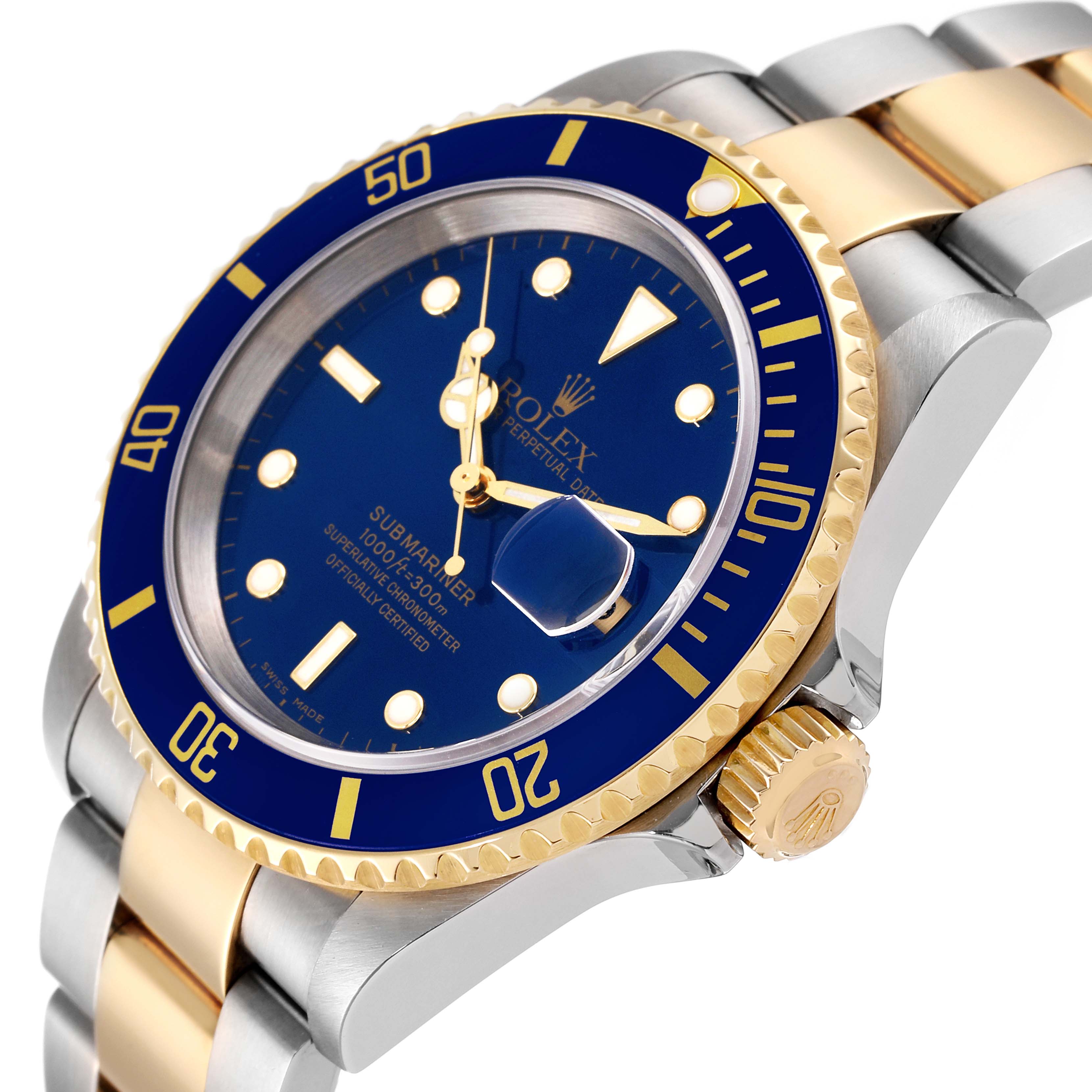 The image shows a side view of a Rolex Submariner 16613 Men
s Steel and Gold (two tone) Blue Dial 16613 Men
s Steel and Gold (two tone) Blue Dial watch, highlighting the blue dial, bezel, and two-tone bracelet.