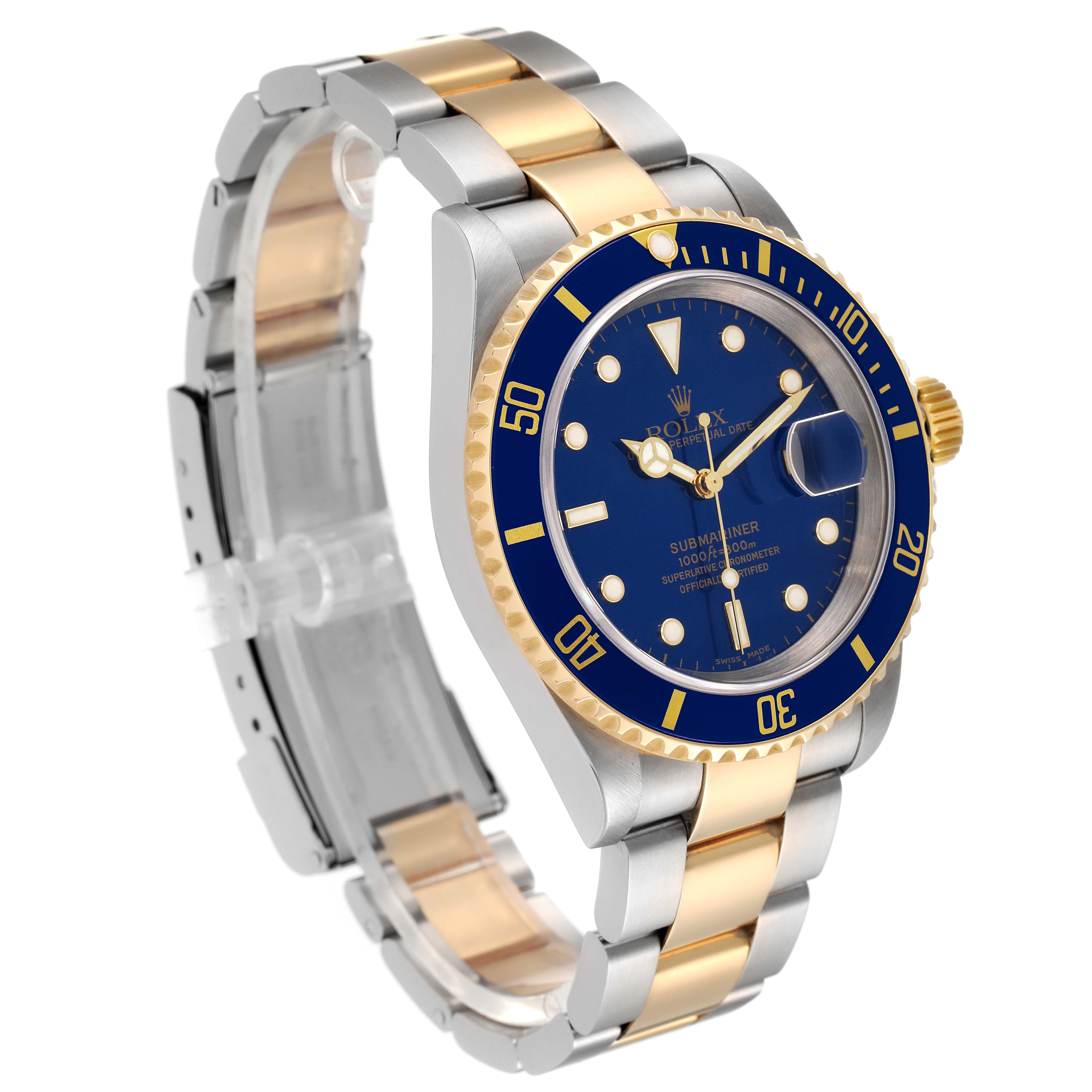 This image shows a Rolex Submariner 16613 Men
s Steel and Gold (two tone) Blue Dial 16613 Men
s Steel and Gold (two tone) Blue Dial watch at a three-quarter angle, highlighting its blue dial, gold bezel, and two-tone bracelet.
