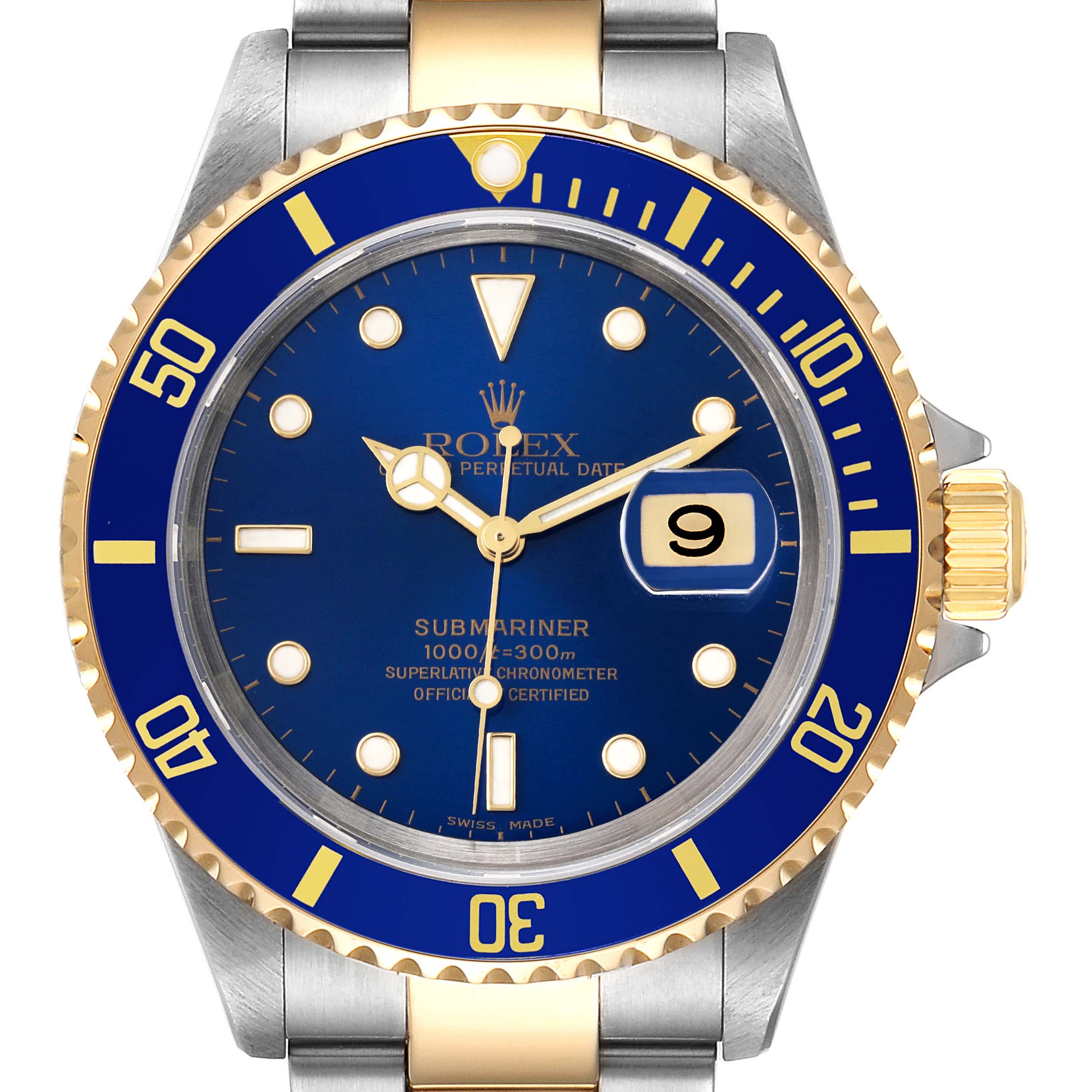 The image shows a front view of a Rolex Submariner 16613 Men
s Steel and Gold (two tone) Blue Dial 16613 Men
s Steel and Gold (two tone) Blue Dial watch, highlighting its blue dial, gold bezel, and stainless steel and gold bracelet.