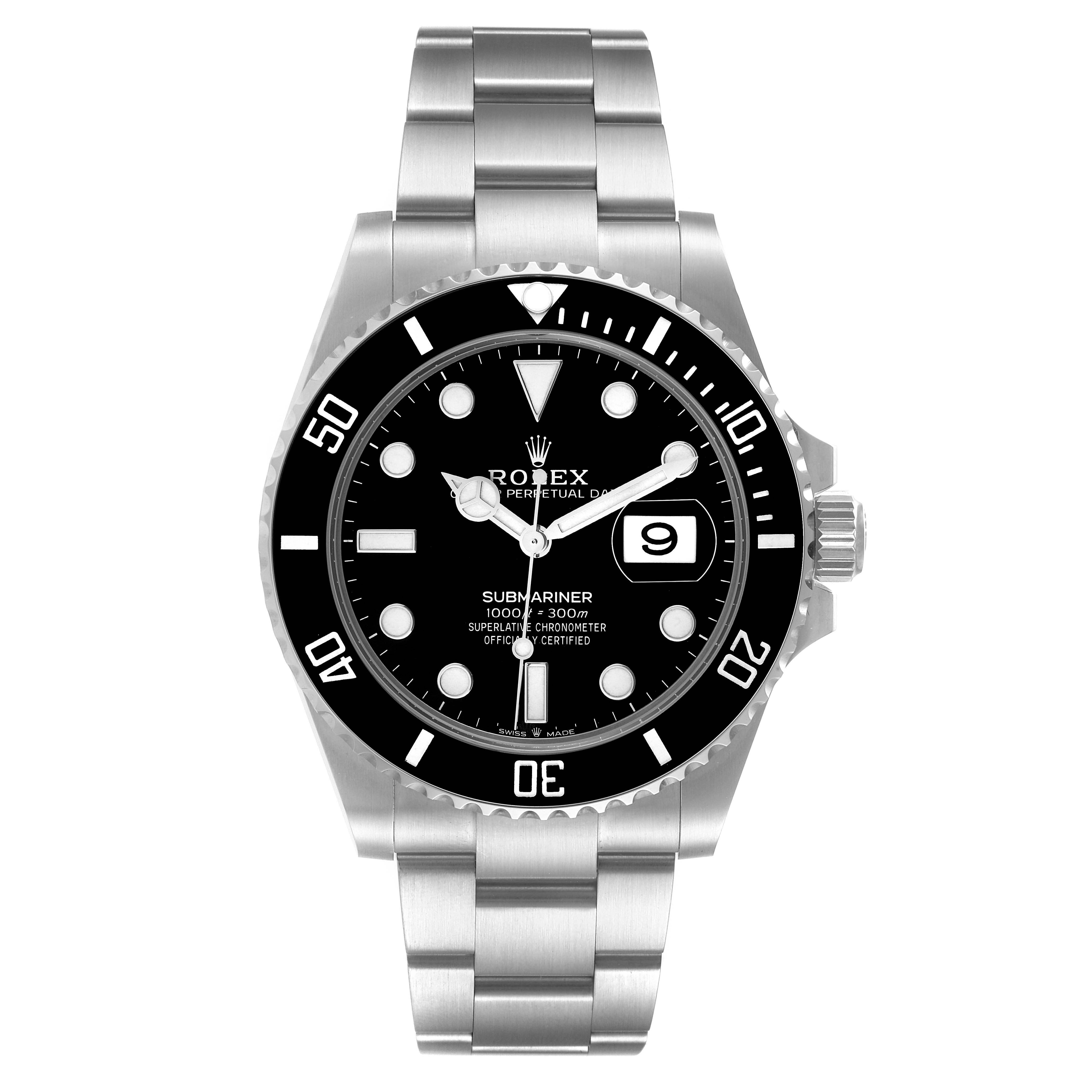 The image shows a frontal view of the Rolex Submariner 126610 Men
s Stainless Steel Black Dial 126610 Men
s Stainless Steel Black Dial watch, displaying the dial, bezel, and part of the bracelet.
