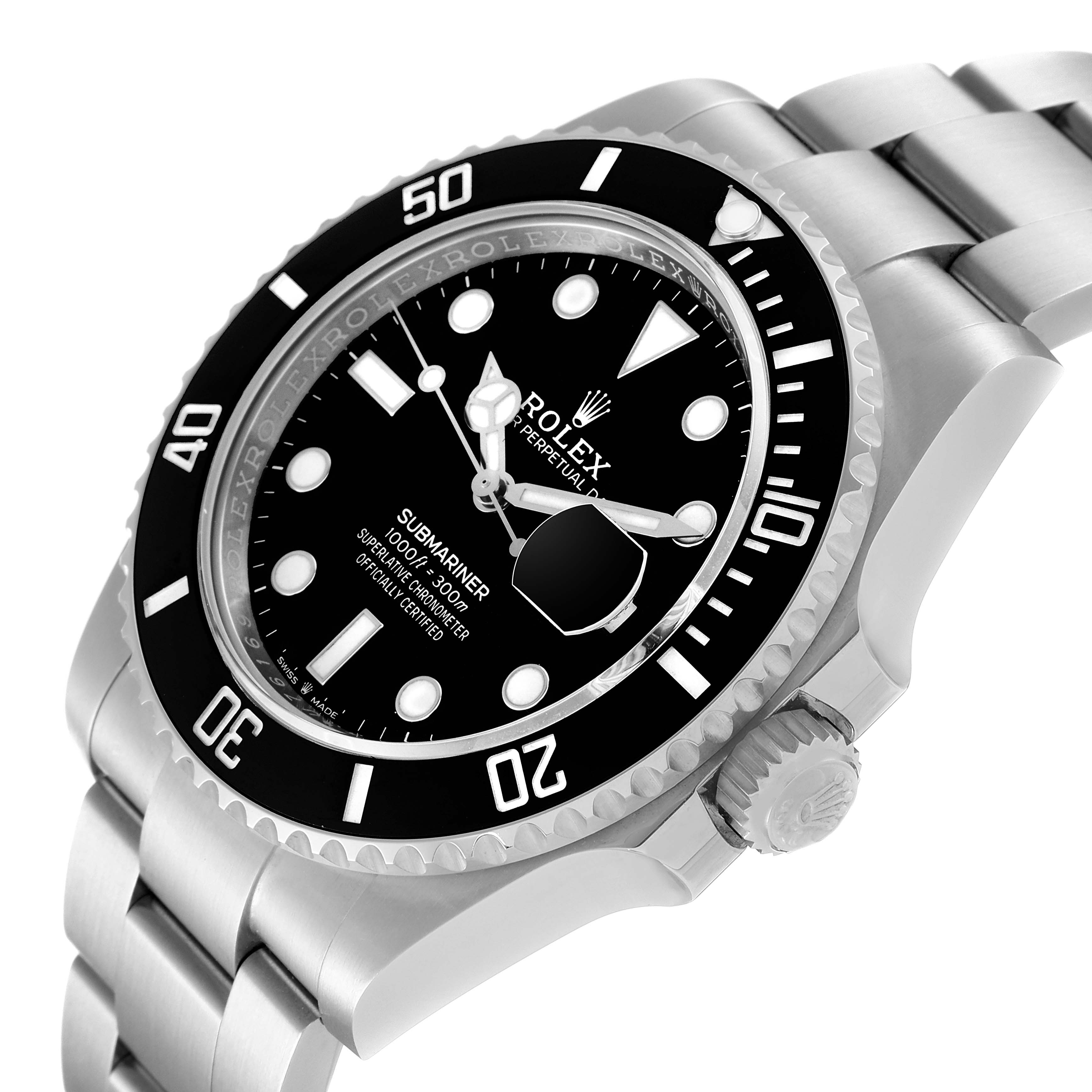 The Rolex Submariner 126610 Men
s Stainless Steel Black Dial 126610 Men
s Stainless Steel Black Dial watch is shown at an angled close-up view, highlighting the dial, bezel, crown, and bracelet.