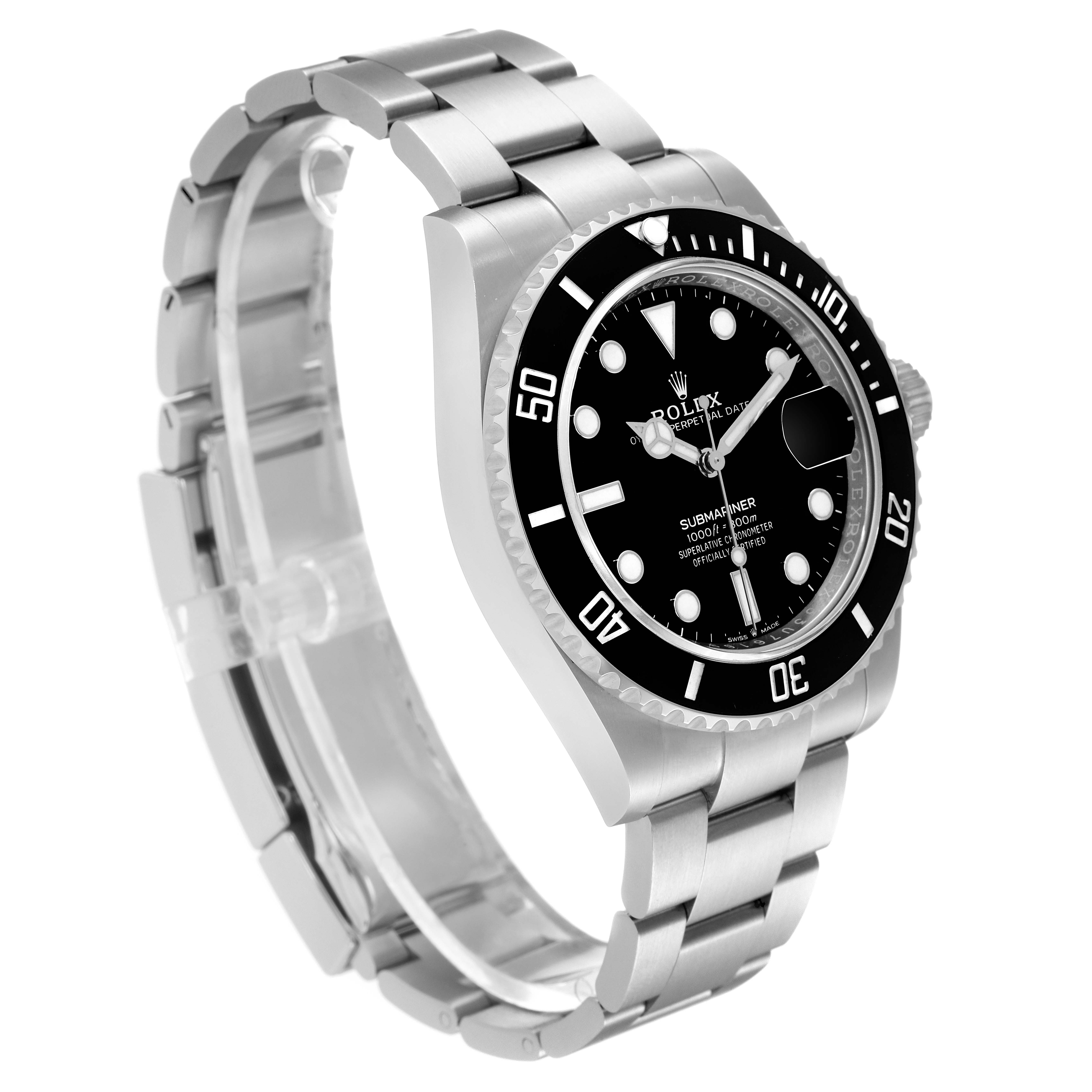 The image shows a side angle of a Rolex Submariner 126610 Men
s Stainless Steel Black Dial 126610 Men
s Stainless Steel Black Dial watch, highlighting its bezel, dial, and stainless steel bracelet.
