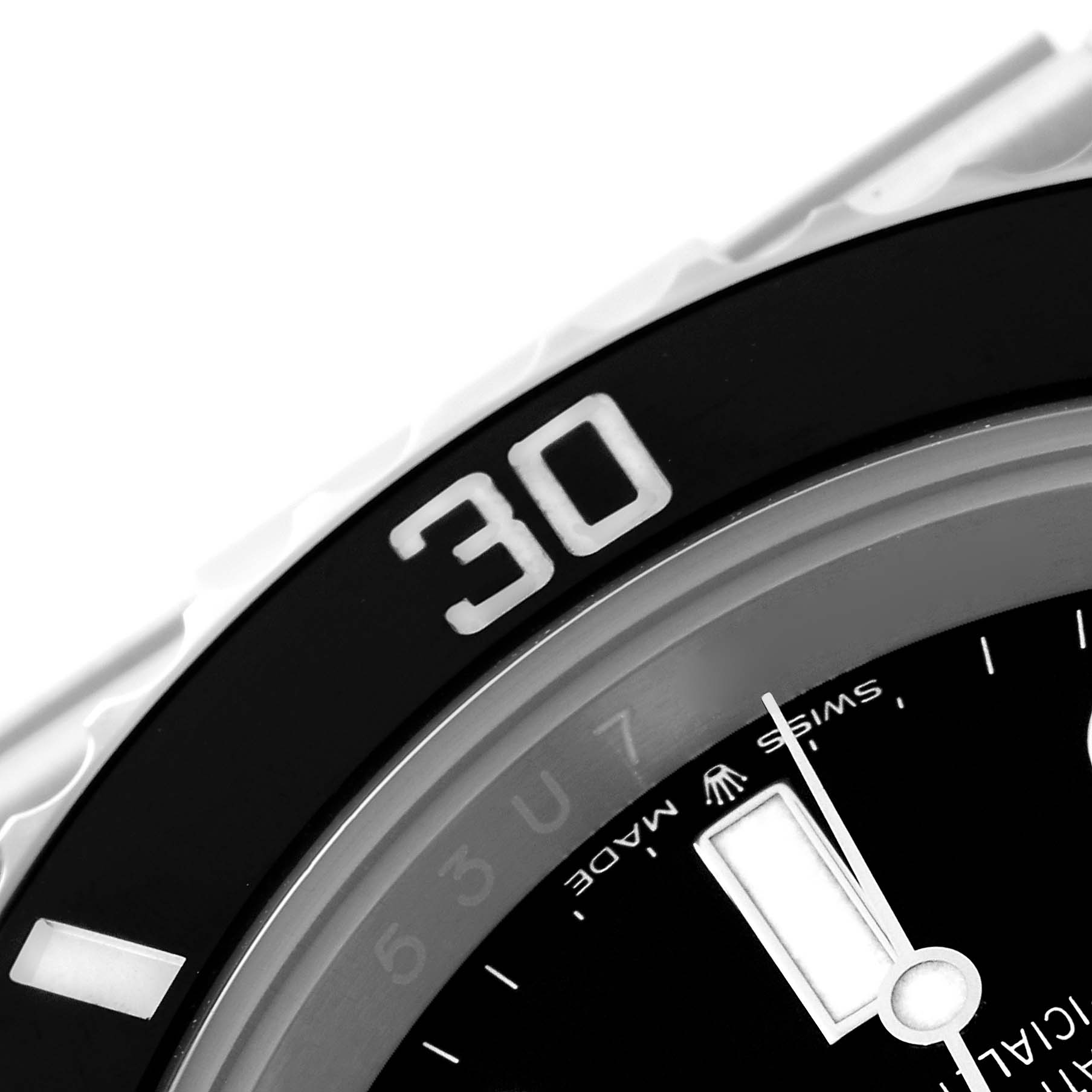 The image shows a close-up of the bezel and part of the dial of a Rolex Submariner 126610 Men
s Stainless Steel Black Dial 126610 Men
s Stainless Steel Black Dial watch at an angle highlighting the "30" marking.