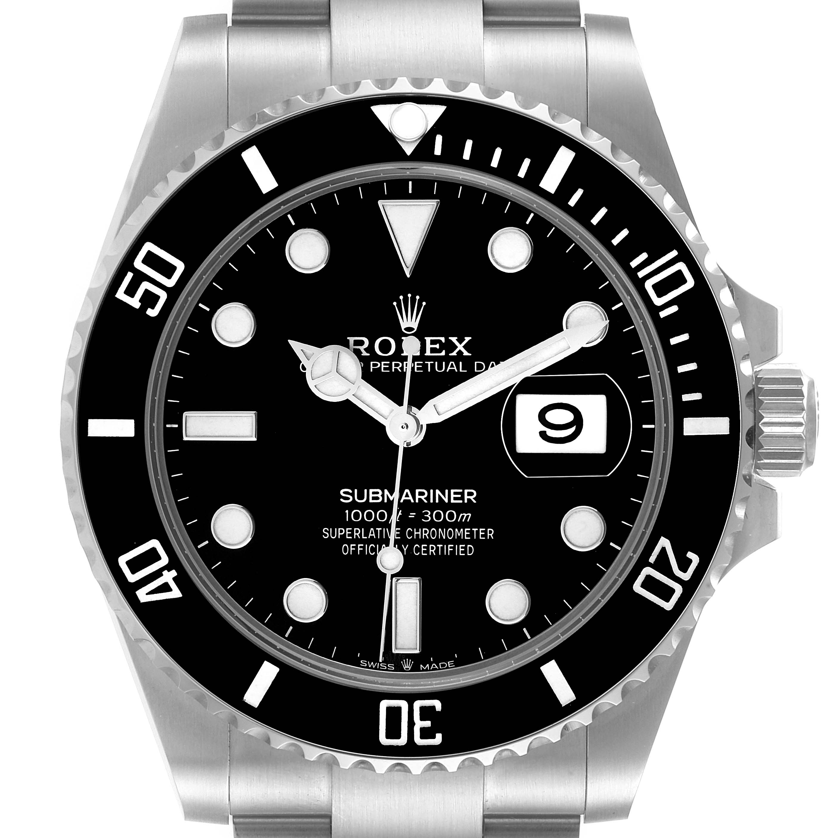 The image shows a front view of the Rolex Submariner 126610 Men
s Stainless Steel Black Dial 126610 Men
s Stainless Steel Black Dial watch, displaying the dial, bezel, hands, and crown.