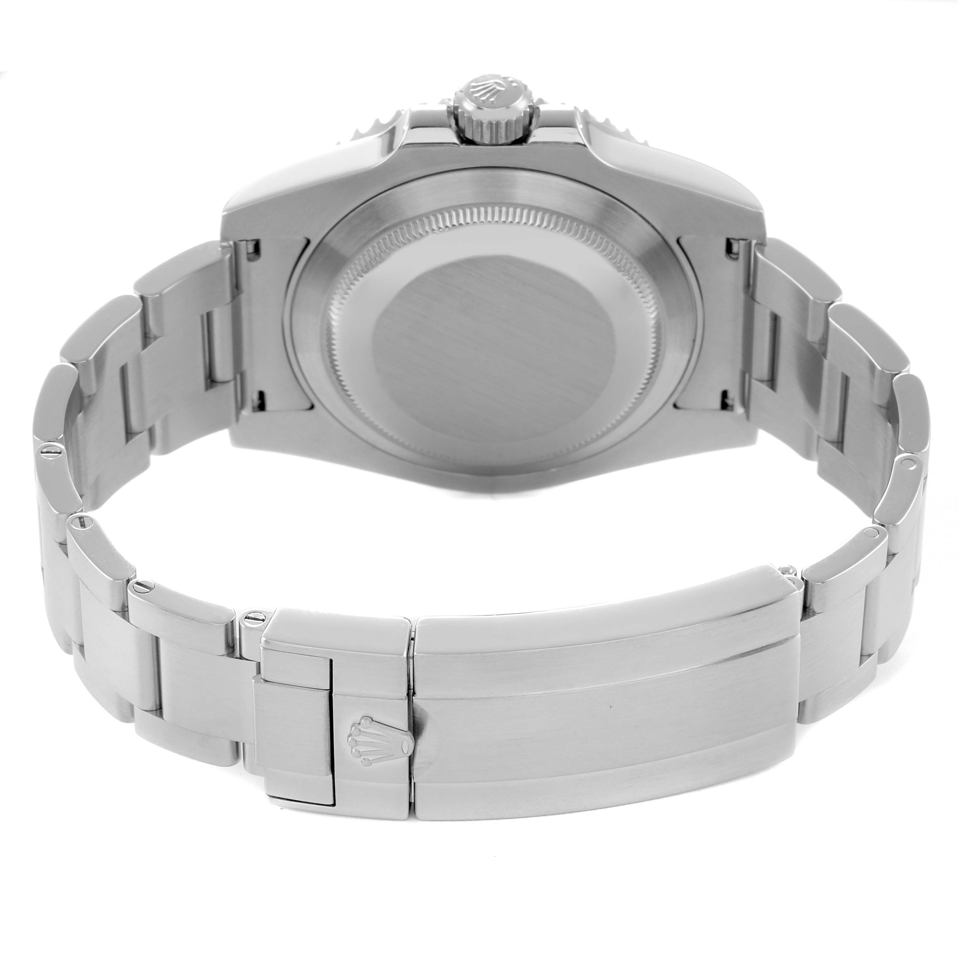 The image shows the back view of a Rolex Submariner 116610 Men
s Stainless Steel Black Dial, highlighting the case back and bracelet clasp.