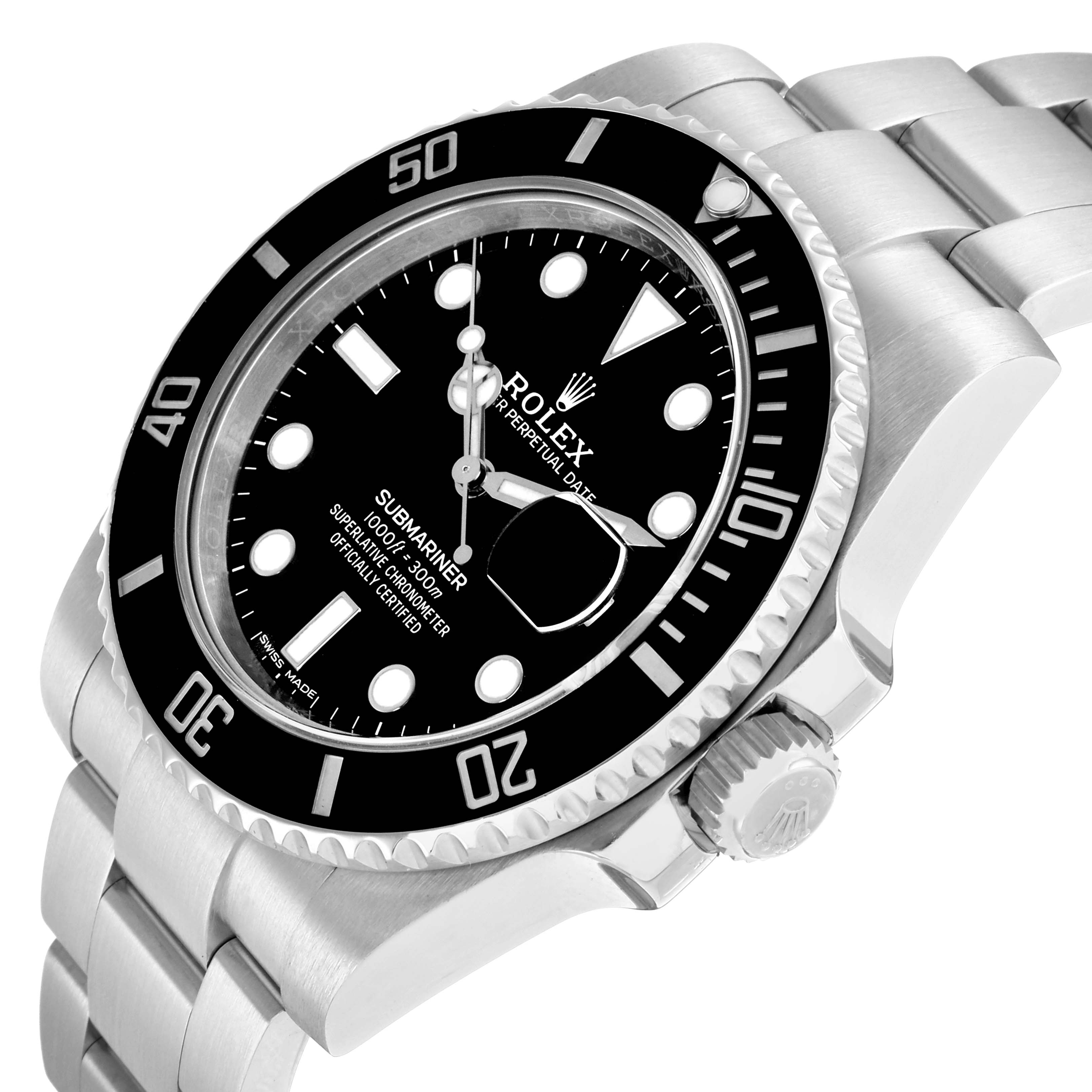 The Rolex Submariner 116610 Men
s Stainless Steel Black Dial watch is shown at an angled side view, highlighting the dial, bezel, crown, and part of the bracelet.