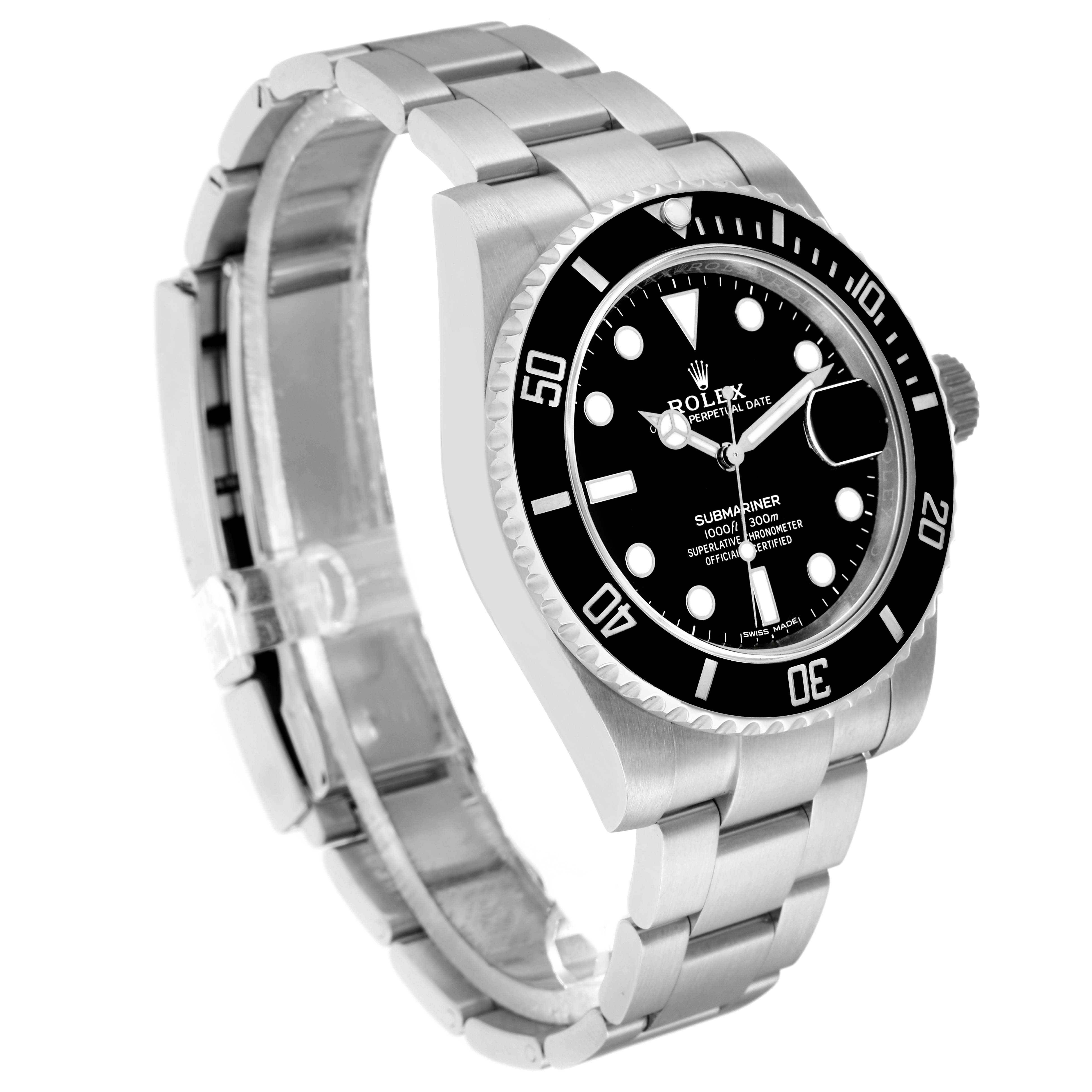The Rolex Submariner 116610 Men
s Stainless Steel Black Dial watch is shown from a side angle, displaying the dial, bezel, bracelet, and crown.