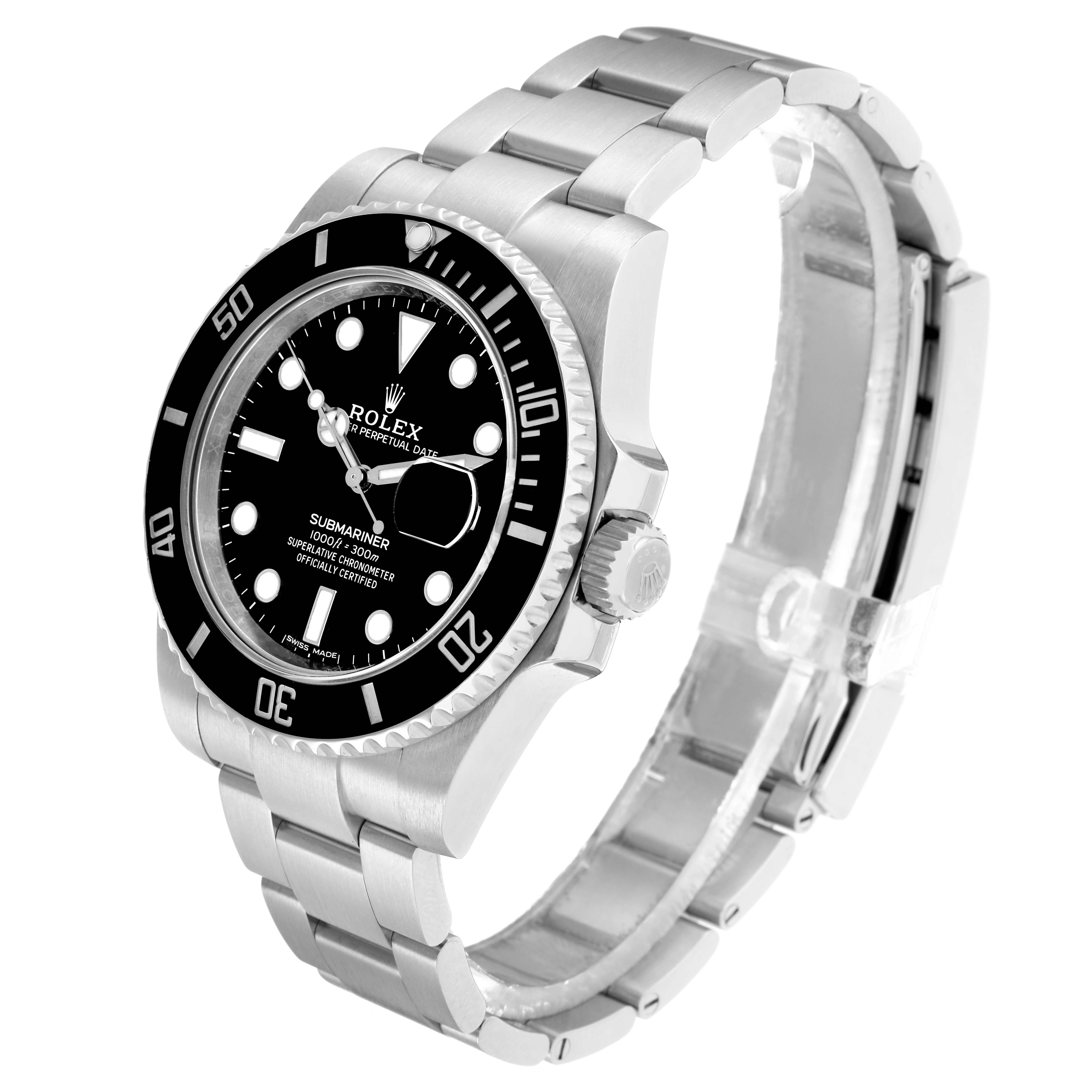 The Rolex Submariner 116610 Men
s Stainless Steel Black Dial watch is shown at a three-quarter angle, displaying the face, bezel, crown, and bracelet.