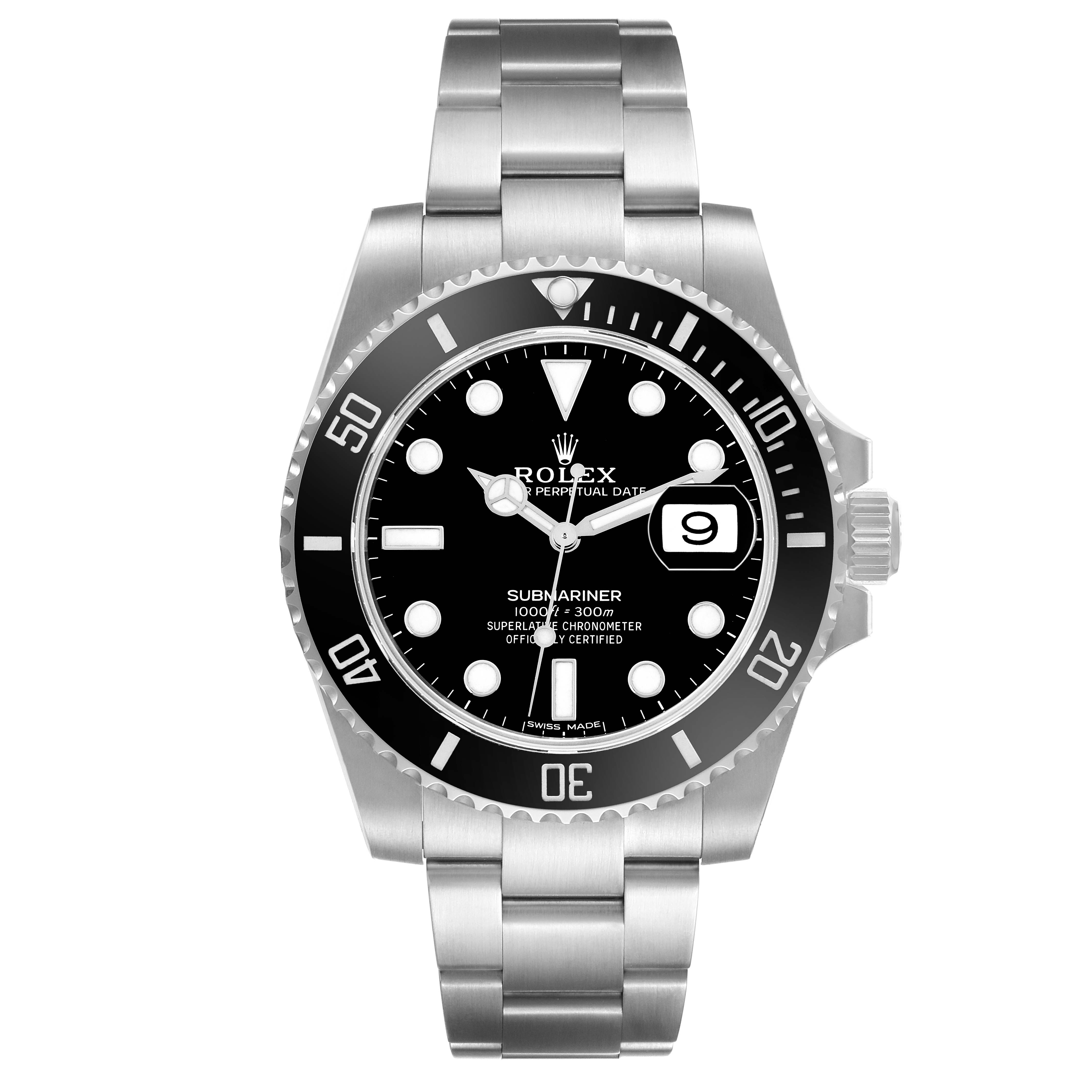 The Rolex Submariner 116610 Men
s Stainless Steel Black Dial watch is shown from a front angle, displaying the dial, bezel, case, and bracelet.