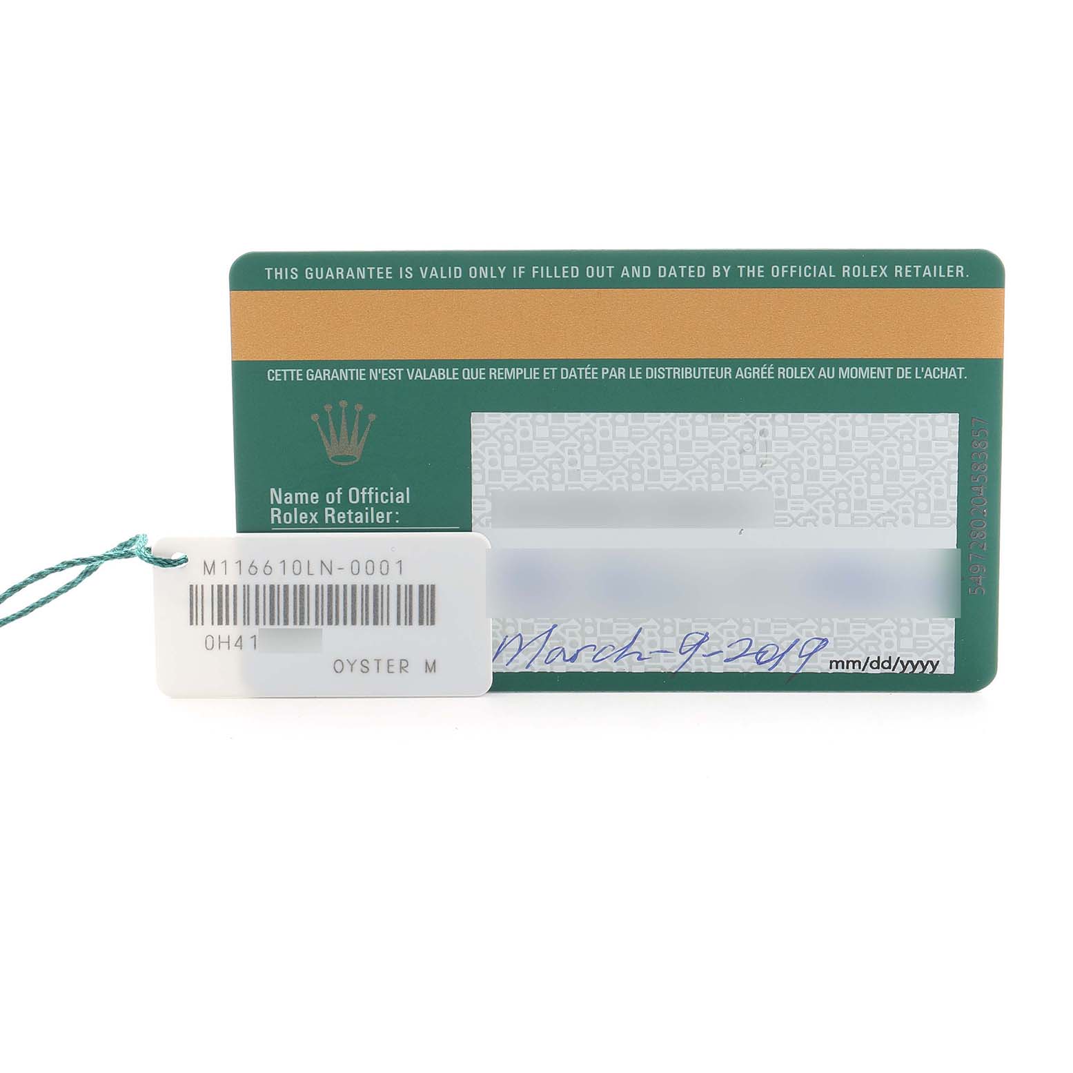 The image shows a warranty card and tag for a Rolex Submariner 116610 Men
s Stainless Steel Black Dial, including the model number and purchase date.