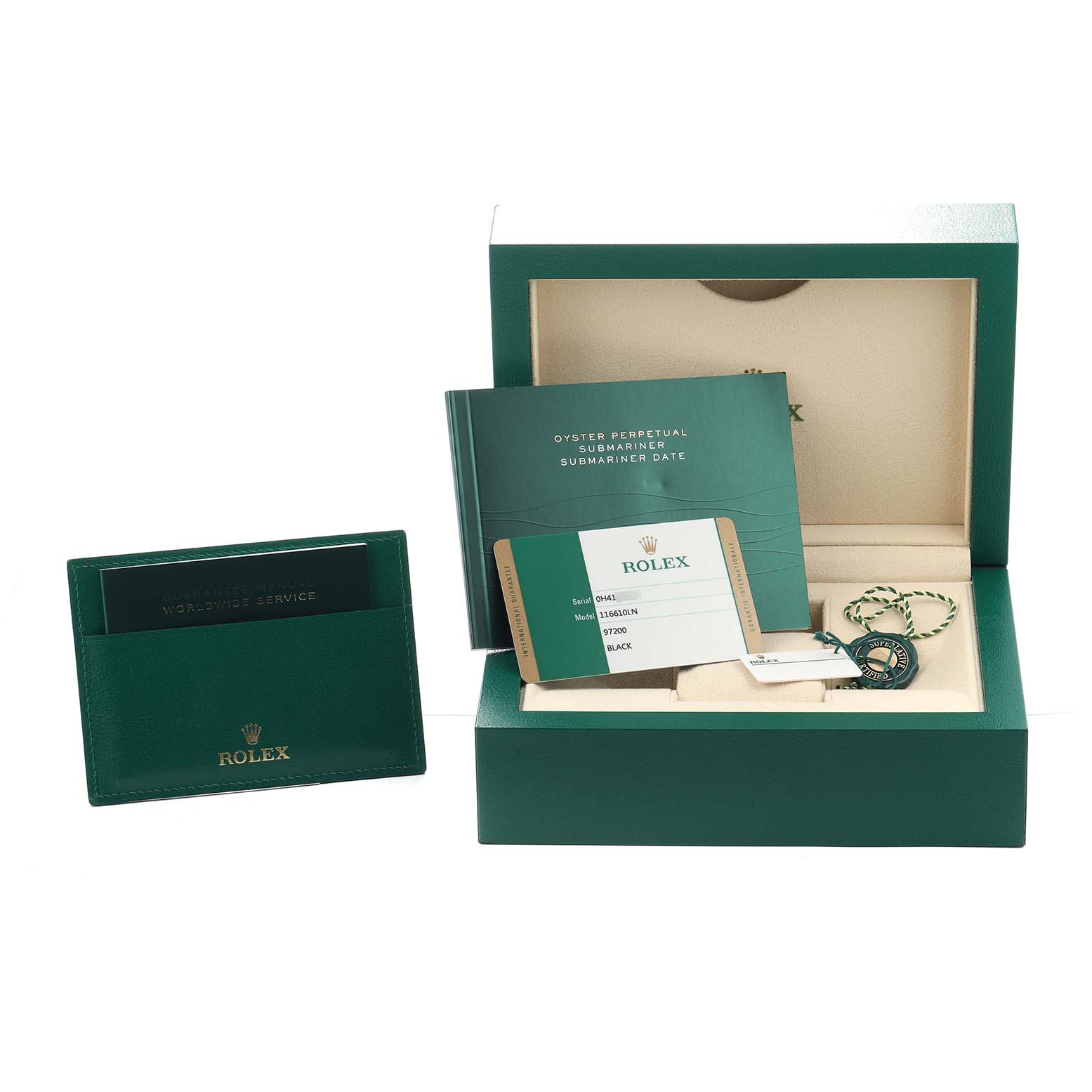 The image shows accessories for a Rolex Submariner 116610 Men
s Stainless Steel Black Dial, including a green box, warranty card, booklets, and a tag.