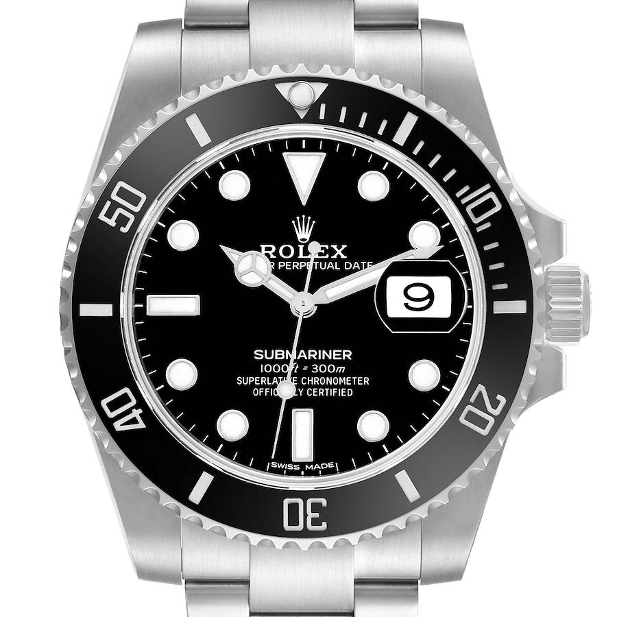 The Rolex Submariner 116610 Men's Stainless Steel Black Dial watch is shown from a front angle, displaying the bezel, dial, hands, and bracelet top.
