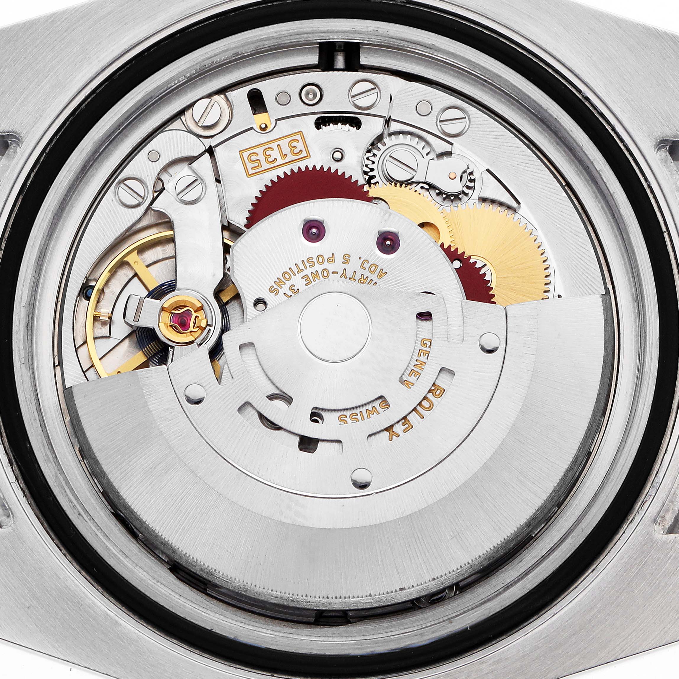 The image shows the detailed movement of a Rolex Submariner 116610 Men
s Stainless Steel Black Dial watch from a top view, revealing gears and components.