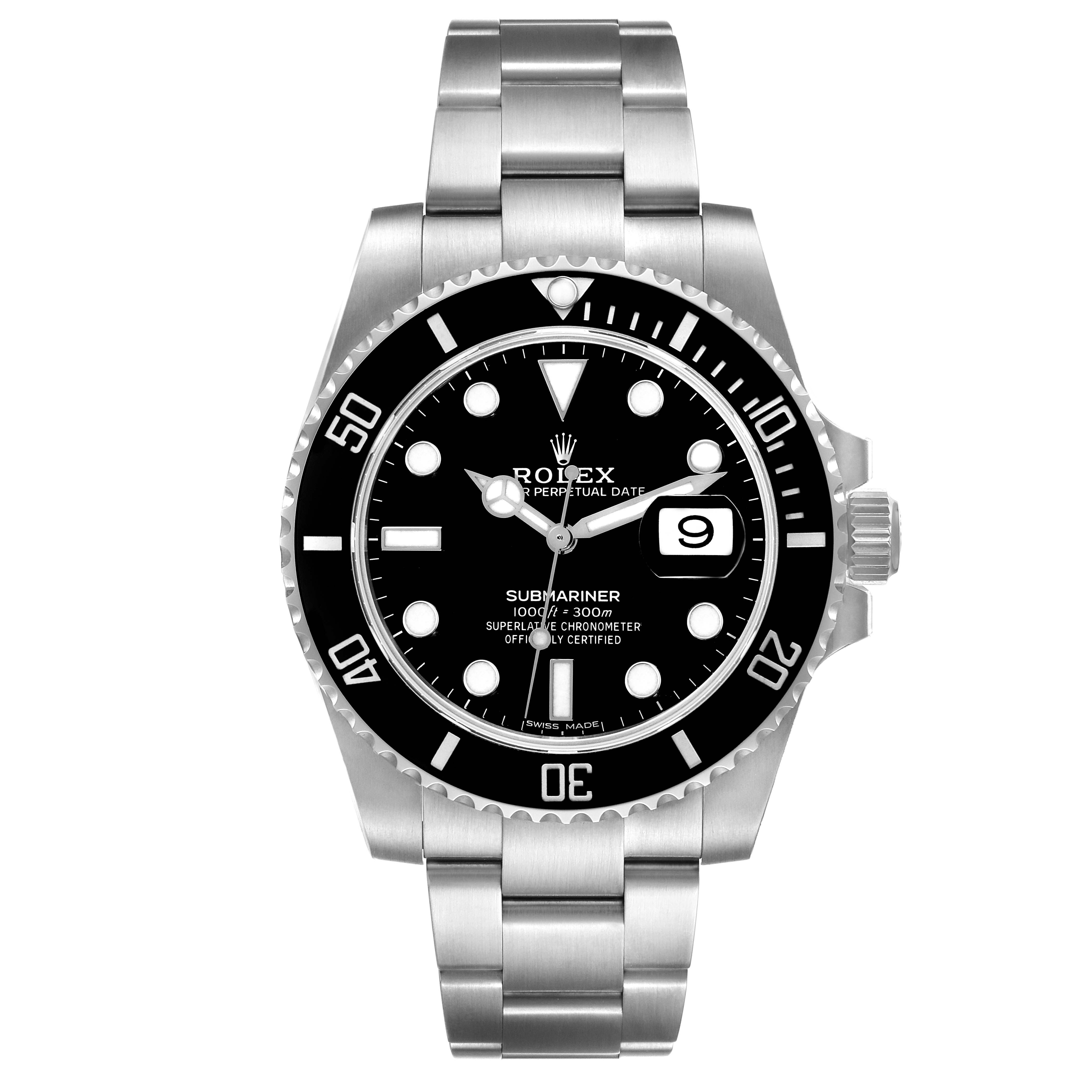 The image shows a front view of the Rolex Submariner 116610 Men's Stainless Steel Black Dial 116610 Men's Stainless Steel Black Dial watch, highlighting the face, bezel, and stainless steel bracelet.