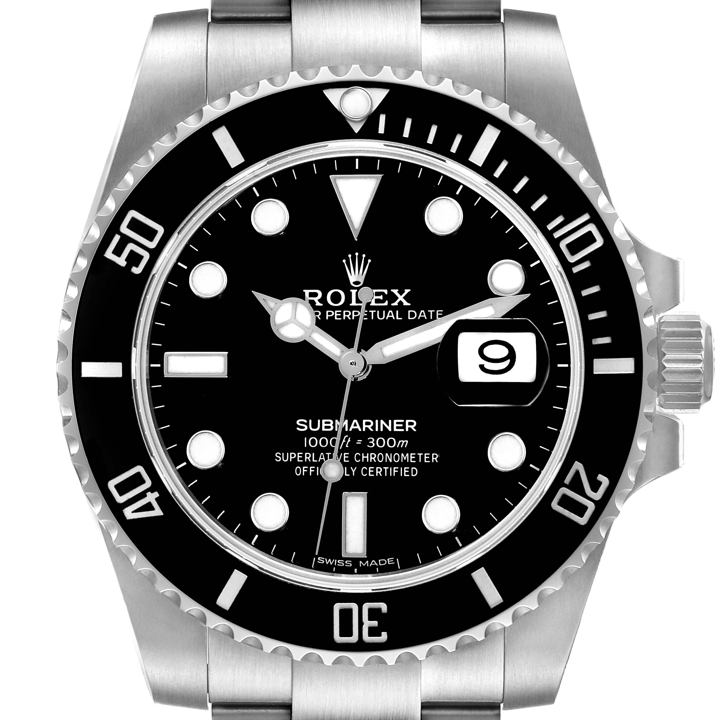 The image shows a Rolex Submariner 116610 Men's Stainless Steel Black Dial 116610 Men's Stainless Steel Black Dial watch from a front angle, highlighting the dial, bezel, and date window.