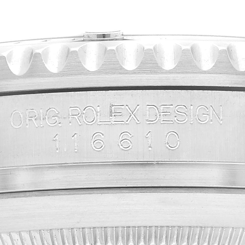 The image shows a close-up of the side and case back of a Rolex Submariner 116610 Men's Stainless Steel Black Dial 116610 Men's Stainless Steel Black Dial, displaying the engraved model number 116610.
