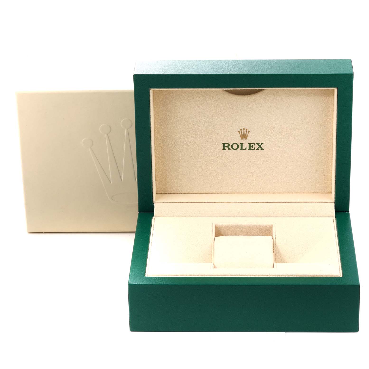 The image shows an open green and beige Rolex Submariner 116610 Men's Stainless Steel Black Dial 116610 Men's Stainless Steel Black Dial watch box with the Rolex logo inside.