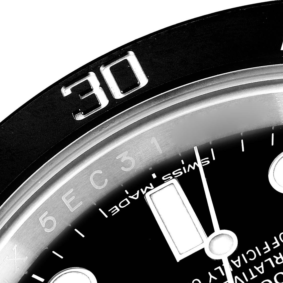 Close-up of the bezel and dial of a Rolex Submariner 116610 Men's Stainless Steel Black Dial 116610 Men's Stainless Steel Black Dial watch focusing on the 30-minute marker.