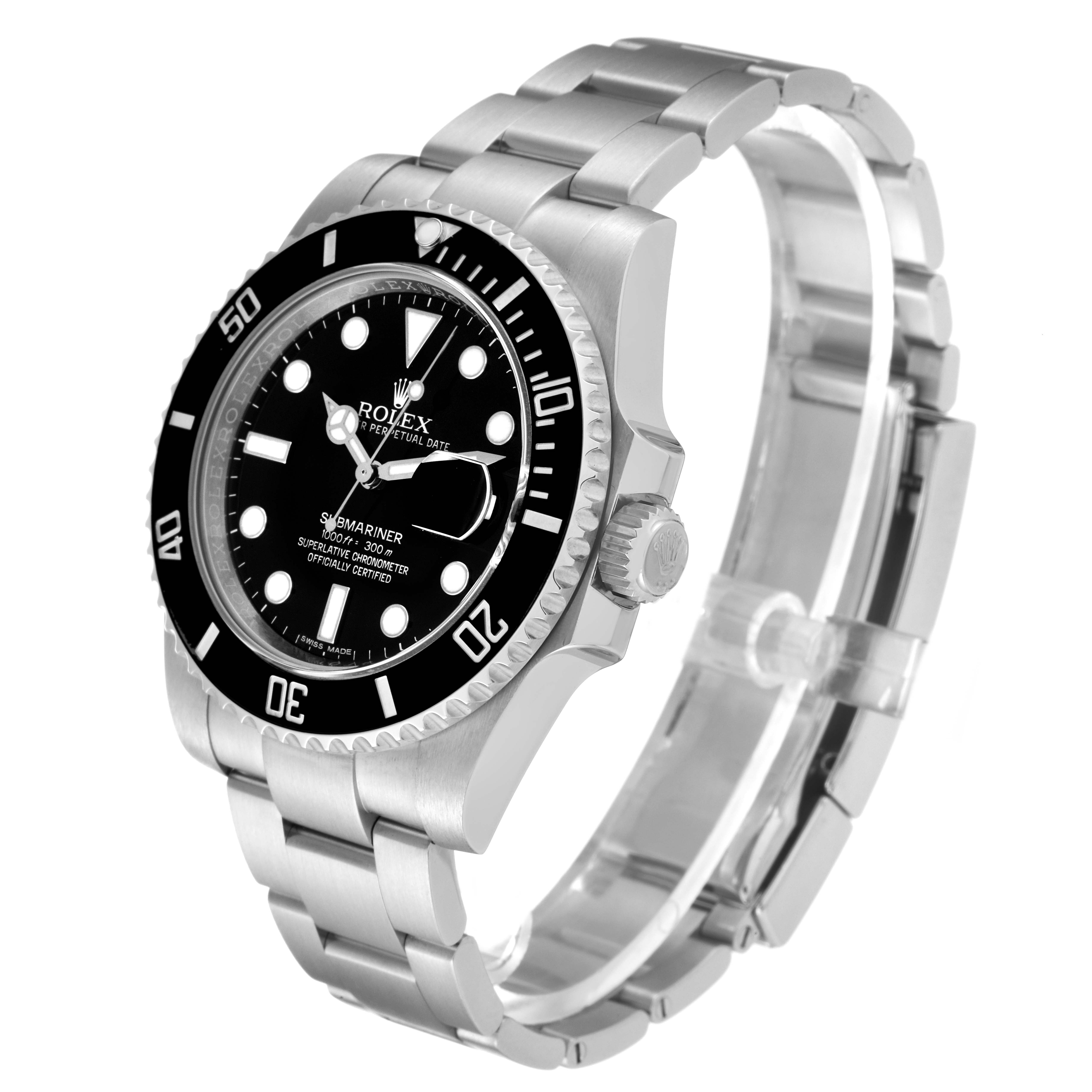 The image shows a Rolex Submariner 116610 Men's Stainless Steel Black Dial 116610 Men's Stainless Steel Black Dial watch from a three-quarter angle, highlighting the face, bezel, crown, and metal bracelet.