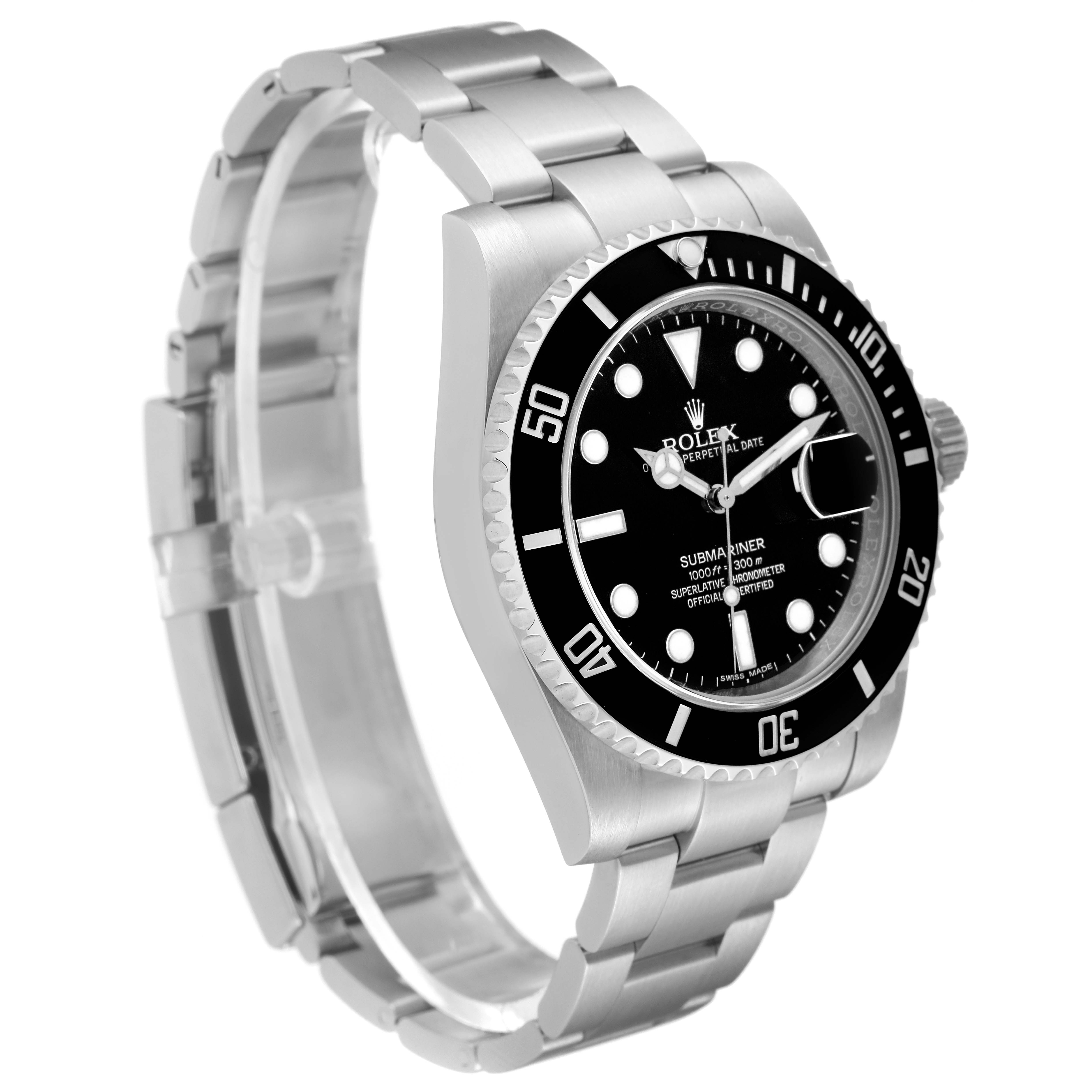 The image shows a side angle view of the Rolex Submariner 116610 Men's Stainless Steel Black Dial 116610 Men's Stainless Steel Black Dial watch, highlighting its bracelet, bezel, and dial.