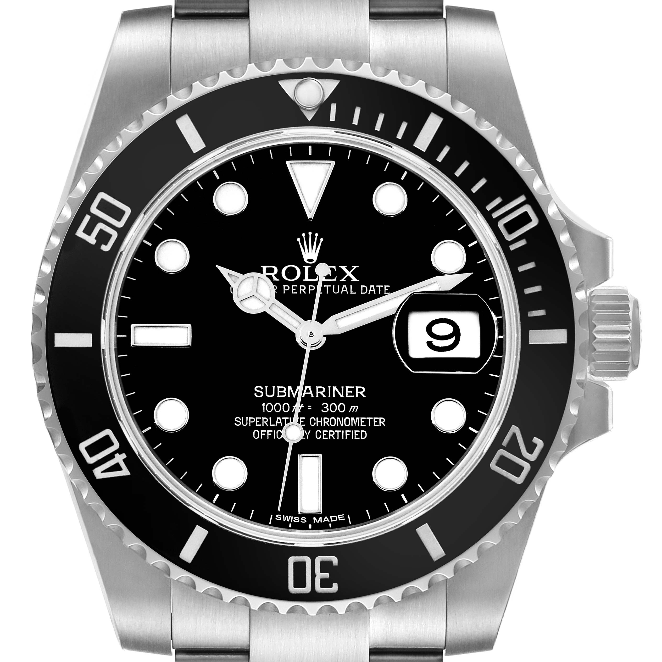 The image shows a front view of a Rolex Submariner 116610 Men's Stainless Steel Black Dial 116610 Men's Stainless Steel Black Dial watch, highlighting its black bezel, dial, and date display at 3 o'clock.