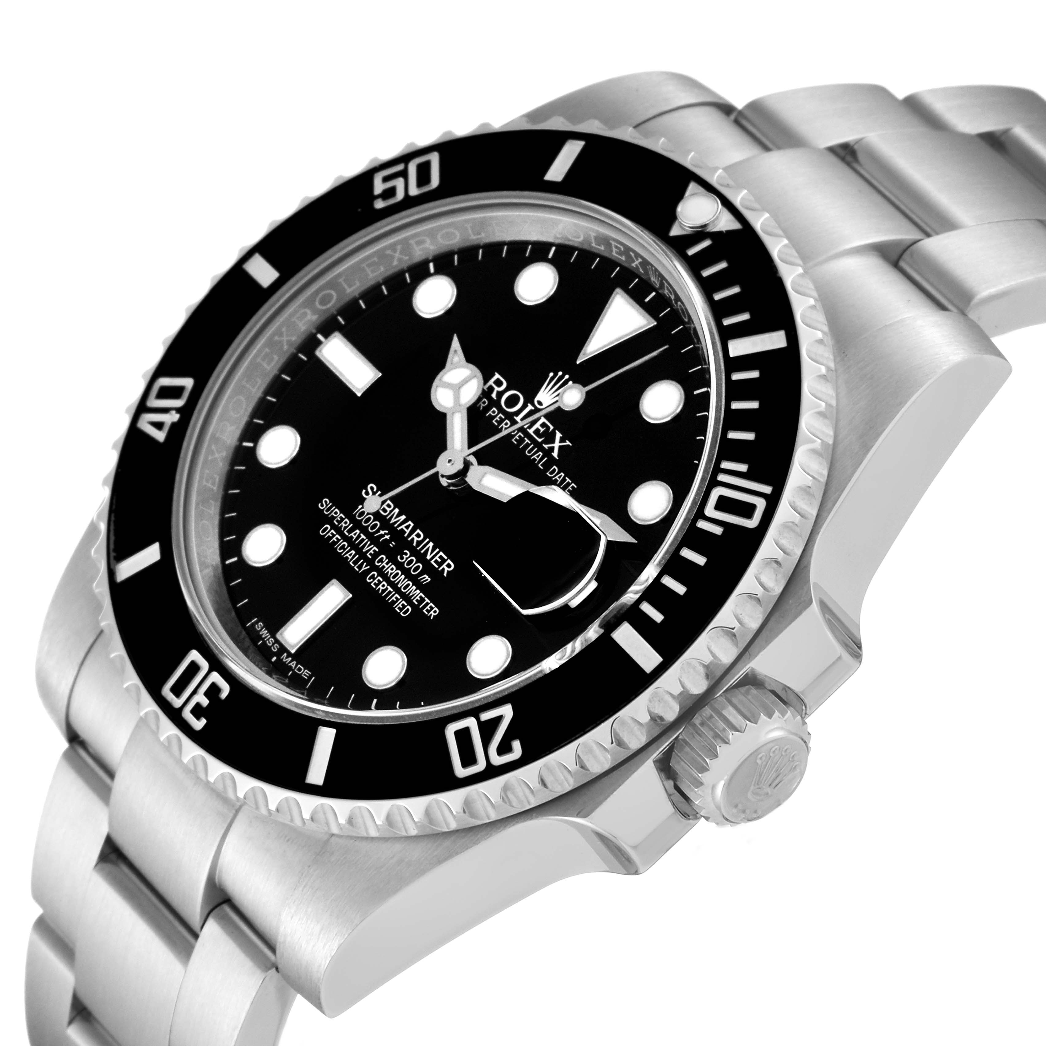 This angle shows the face and bezel of the Rolex Submariner 116610 Men's Stainless Steel Black Dial 116610 Men's Stainless Steel Black Dial, including the bracelet and crown.