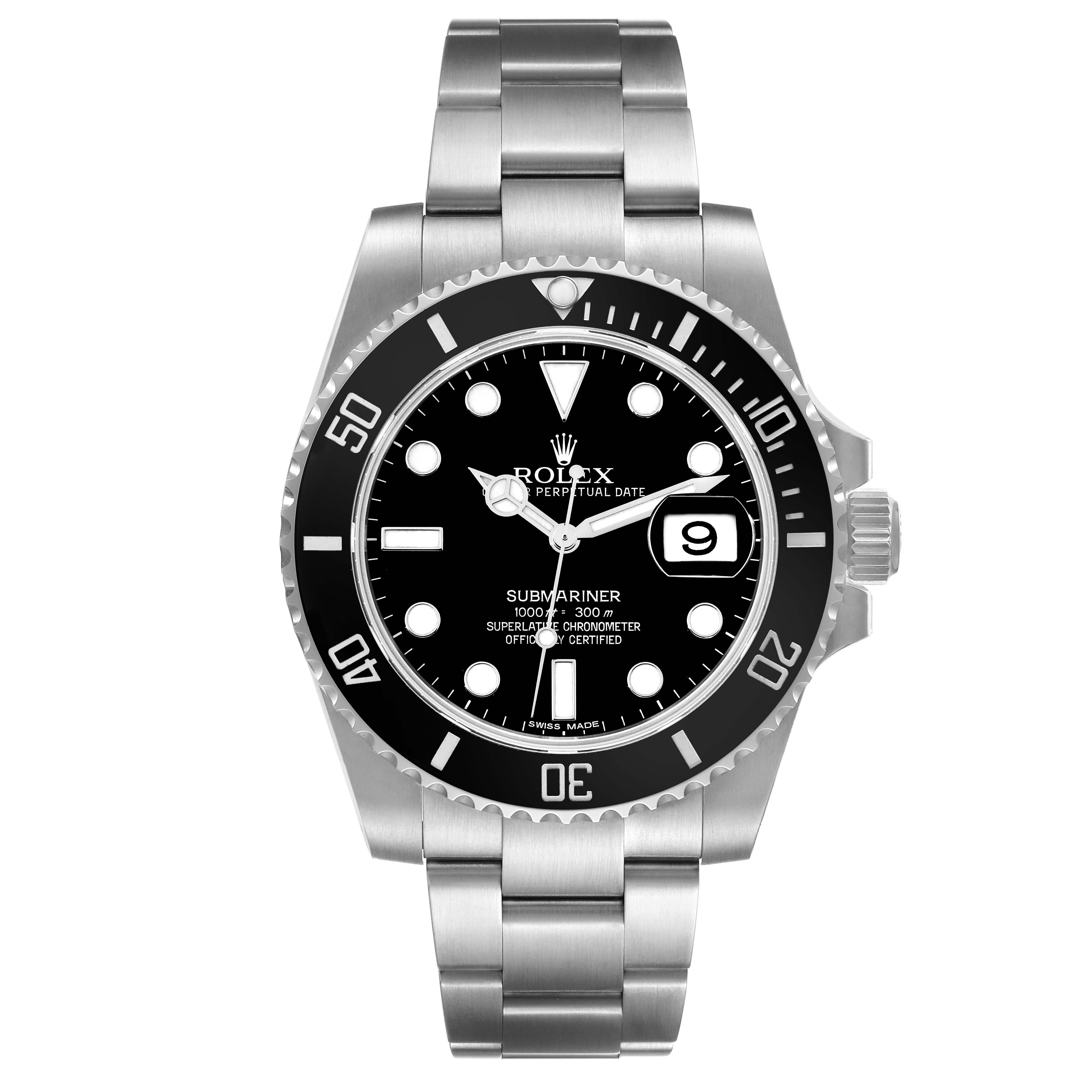 The image shows a Rolex Submariner 116610 Men's Stainless Steel Black Dial 116610 Men's Stainless Steel Black Dial watch from a front-facing angle, highlighting its dial, bezel, bracelet, and date window.