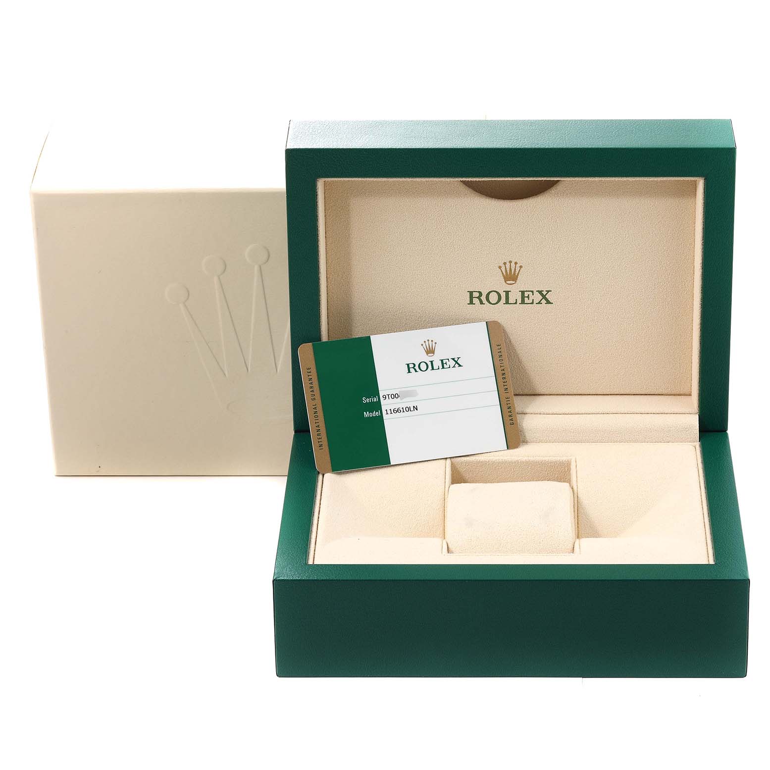 This image shows the open box and authenticity card for a Rolex Submariner 116610 Men's Stainless Steel Black Dial 116610 Men's Stainless Steel Black Dial model watch.