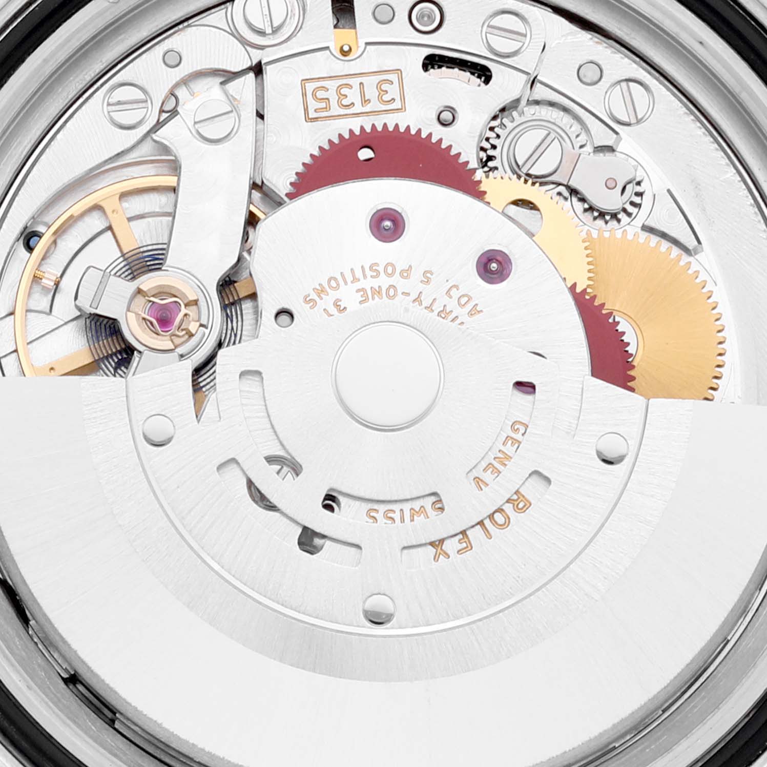 This image shows the intricate internal movement of the Rolex Submariner 116610LV Men
s Stainless Steel Green Dial 116610LV Men
s Stainless Steel Green Dial watch model, including gears and mechanical components.