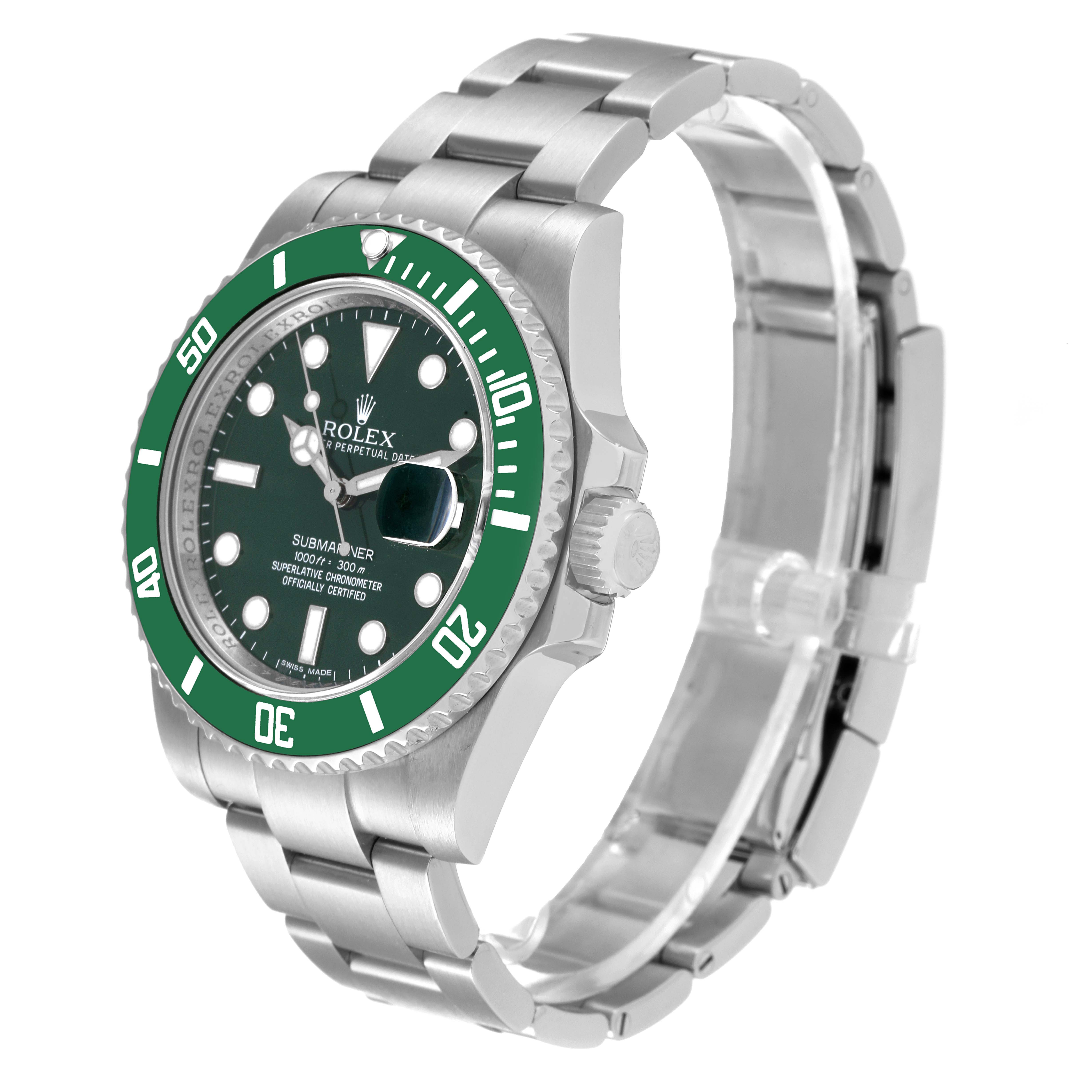 This image shows a Rolex Submariner 116610LV Men
s Stainless Steel Green Dial 116610LV Men
s Stainless Steel Green Dial watch from a front-side angle, highlighting the bezel, dial, bracelet, and crown.
