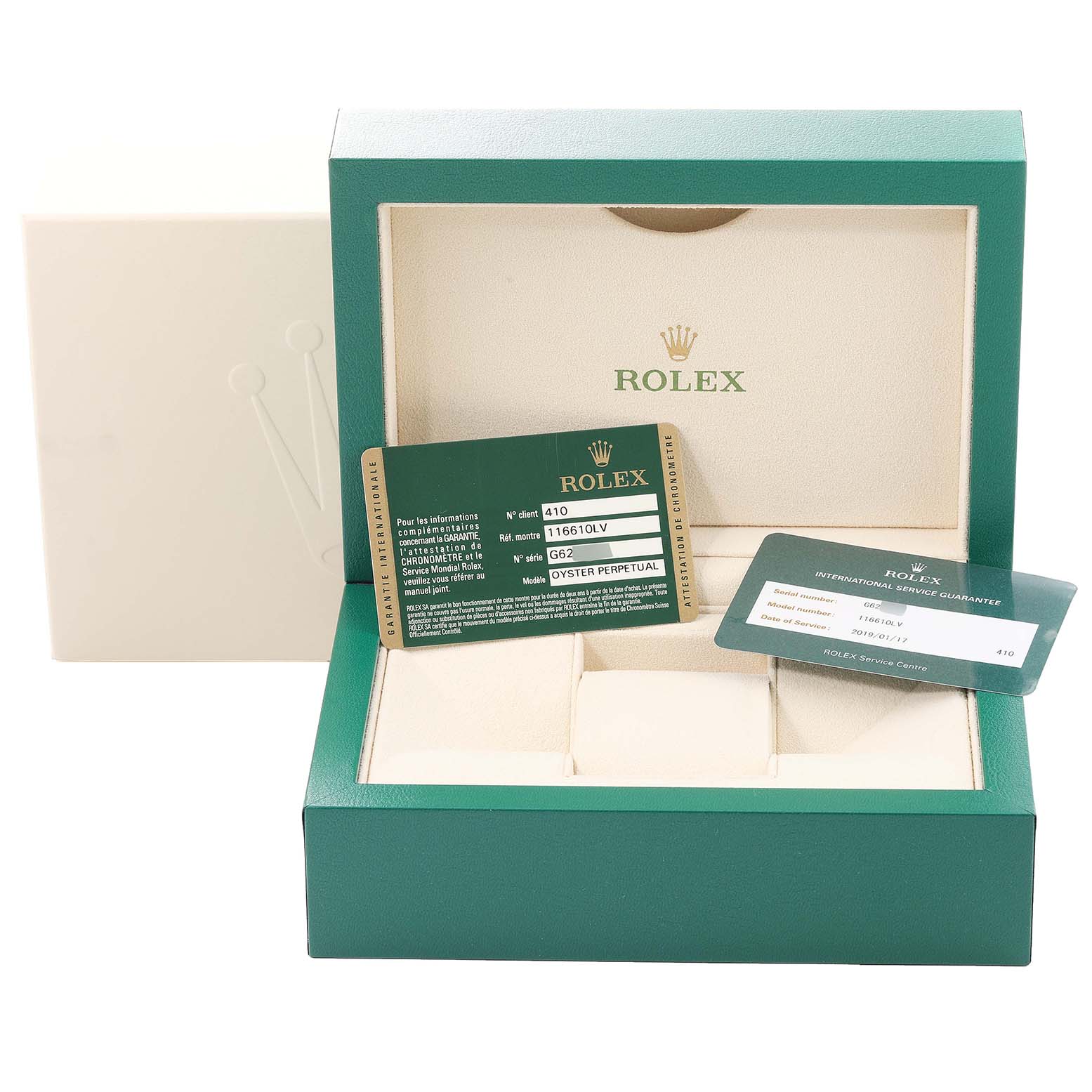The image shows the packaging, warranty cards, and an empty box for a Rolex Submariner 116610LV Men
s Stainless Steel Green Dial 116610LV Men
s Stainless Steel Green Dial watch.