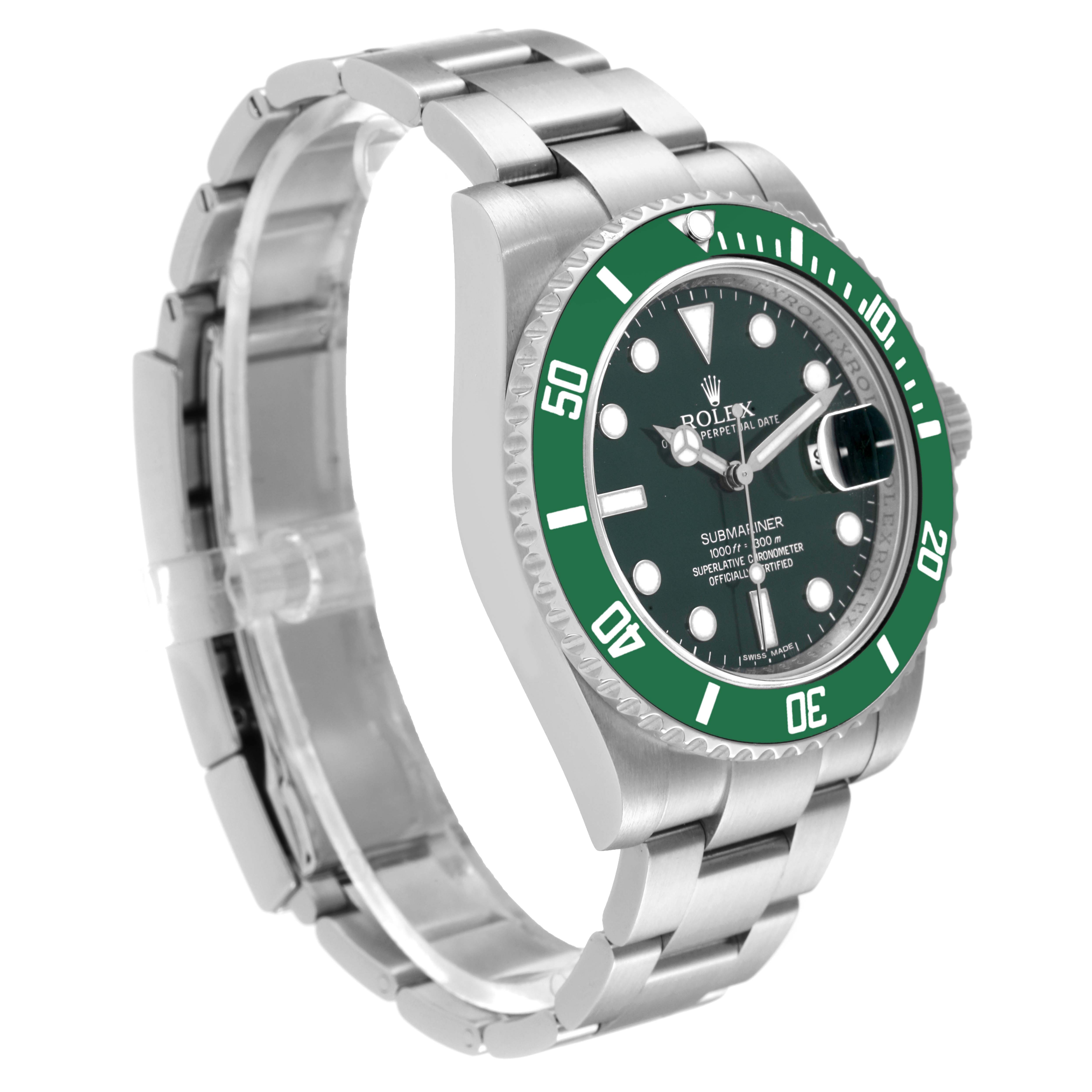 The image shows a side angle of a Rolex Submariner 116610LV Men
s Stainless Steel Green Dial 116610LV Men
s Stainless Steel Green Dial watch, displaying the watch face, bezel, case, and stainless steel bracelet.