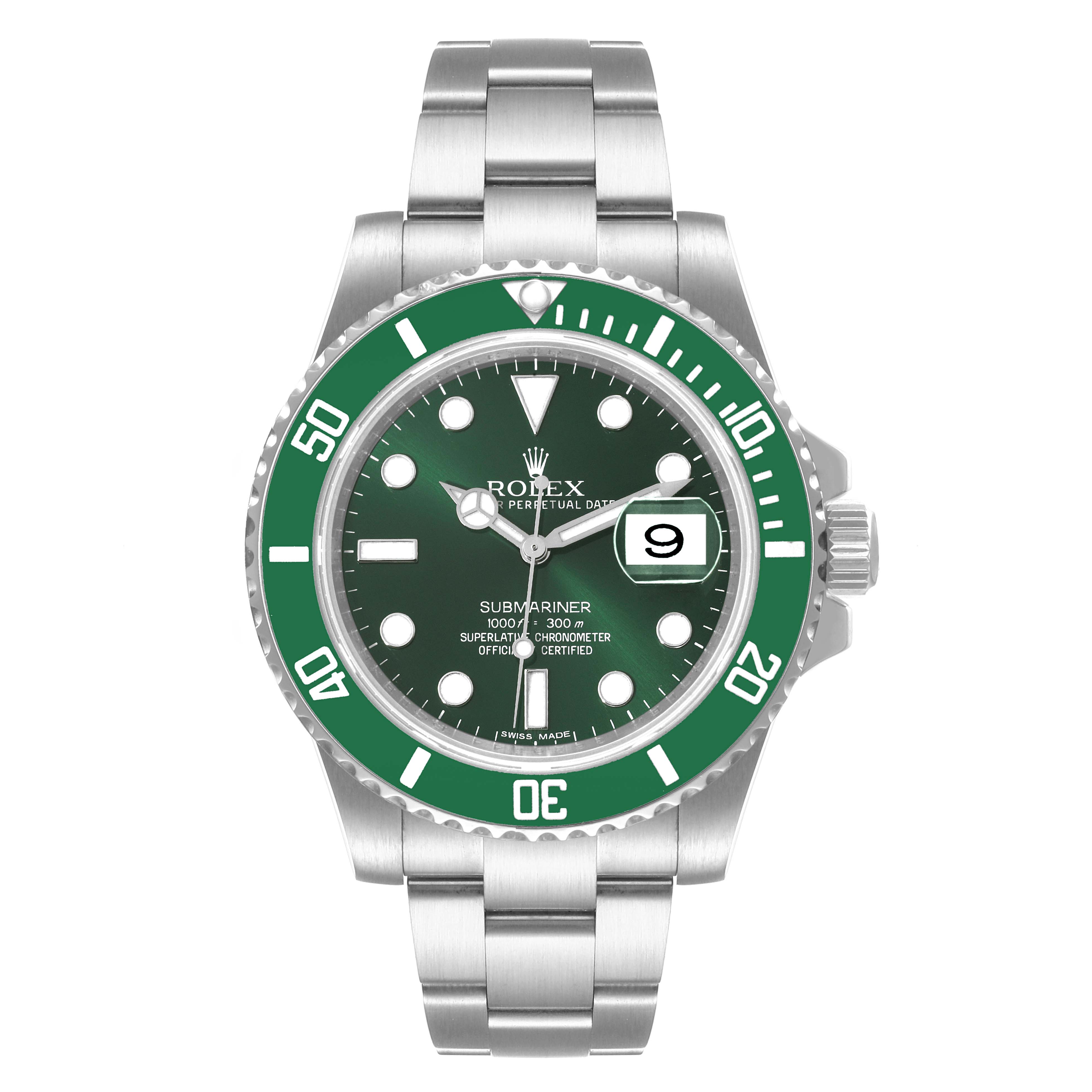 This image shows a front view of a Rolex Submariner 116610LV Men
s Stainless Steel Green Dial 116610LV Men
s Stainless Steel Green Dial watch with a green bezel and dial.