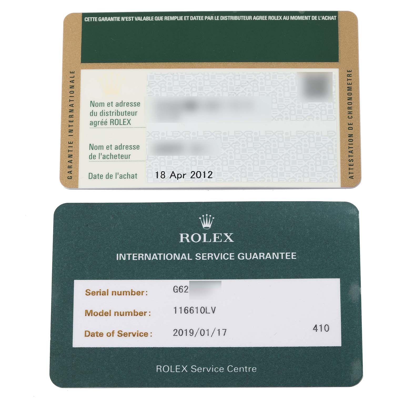The image shows the warranty and service guarantee cards for a Rolex Submariner 116610LV Men
s Stainless Steel Green Dial 116610LV Men
s Stainless Steel Green Dial model 116610LV.