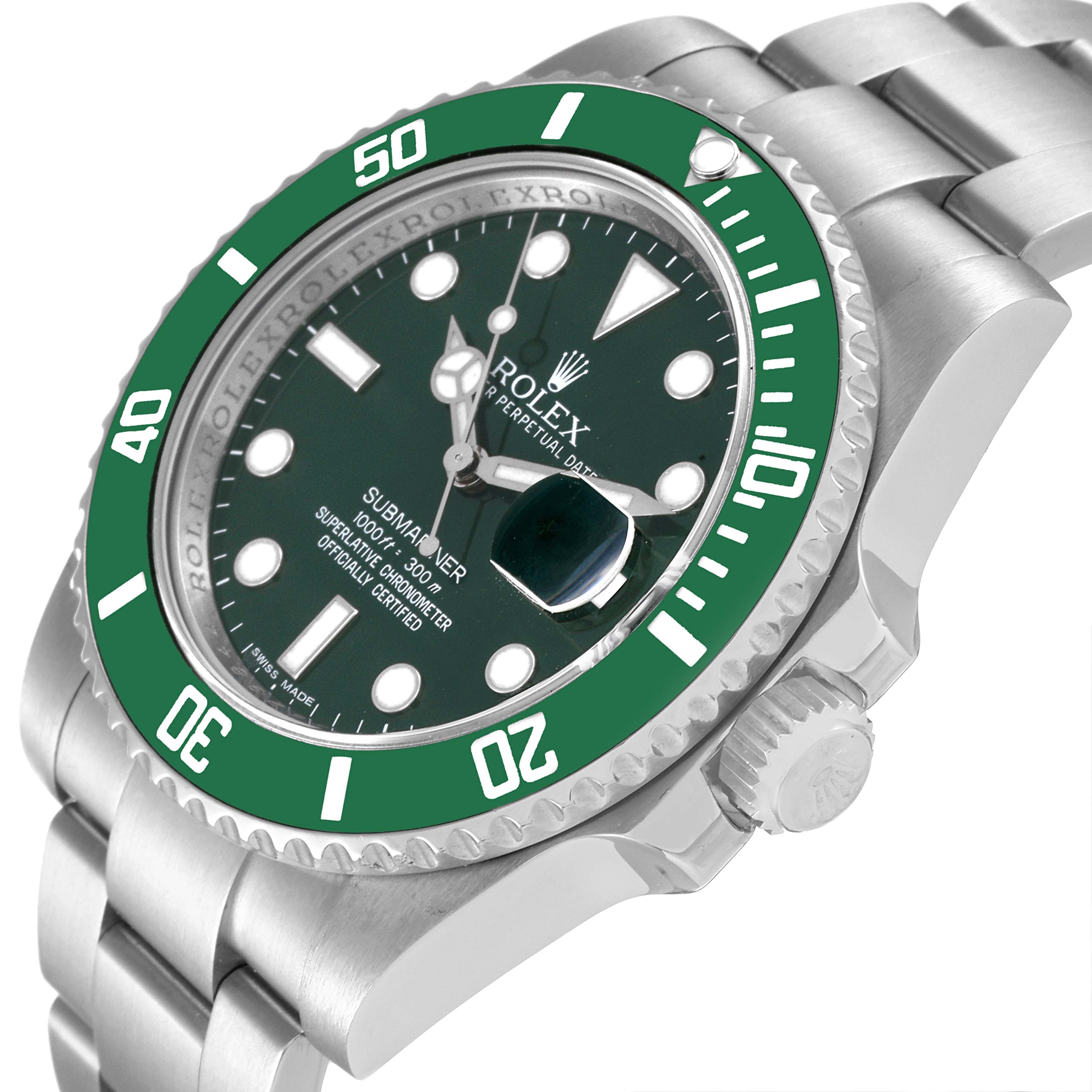 This image shows a close-up of the Rolex Submariner 116610LV Men
s Stainless Steel Green Dial 116610LV Men
s Stainless Steel Green Dial
s face, bezel, and part of the bracelet, viewed from an angled side perspective.