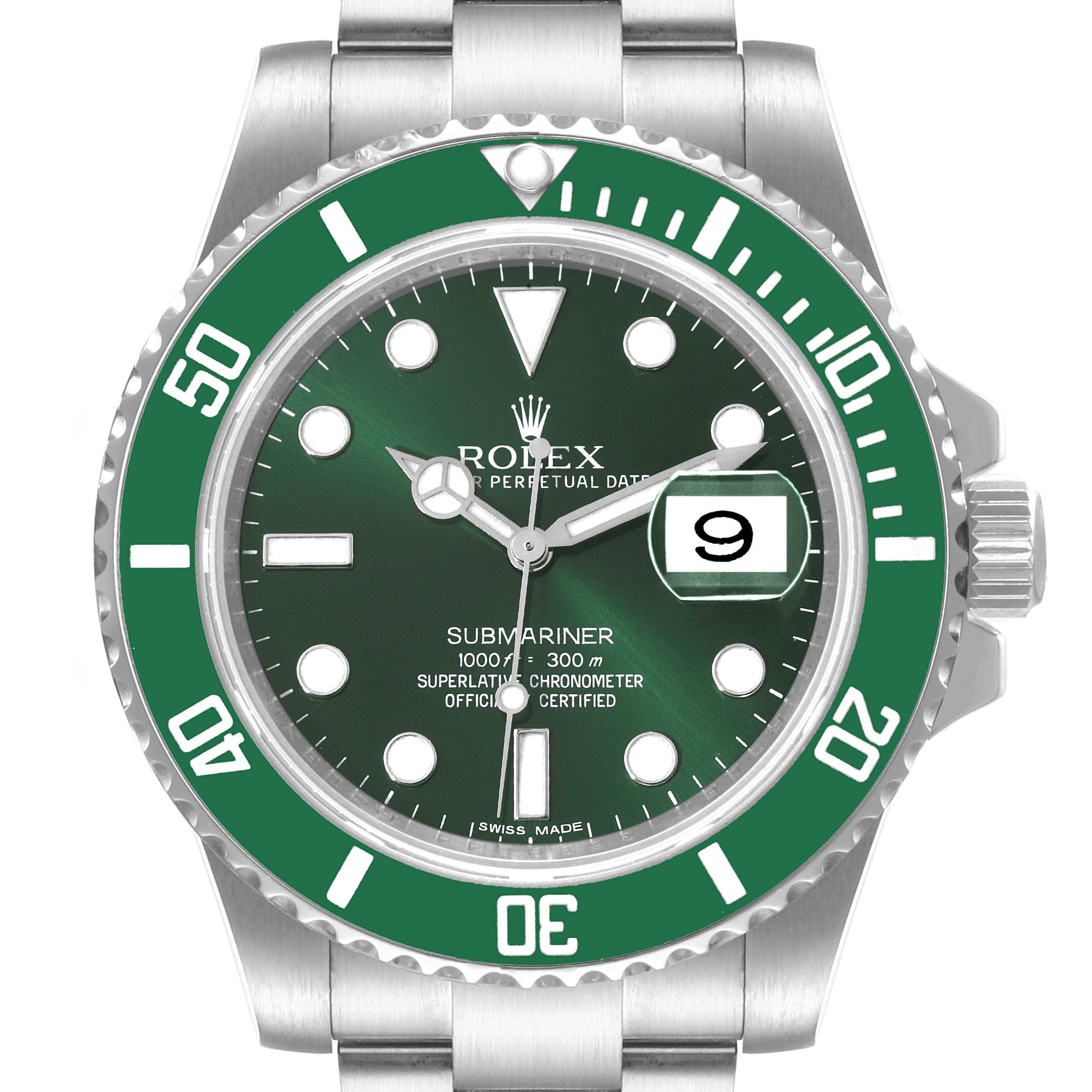 The image shows a front view of the Rolex Submariner 116610LV Men
s Stainless Steel Green Dial 116610LV Men
s Stainless Steel Green Dial watch, displaying the dial, bezel, crown, and part of the bracelet.