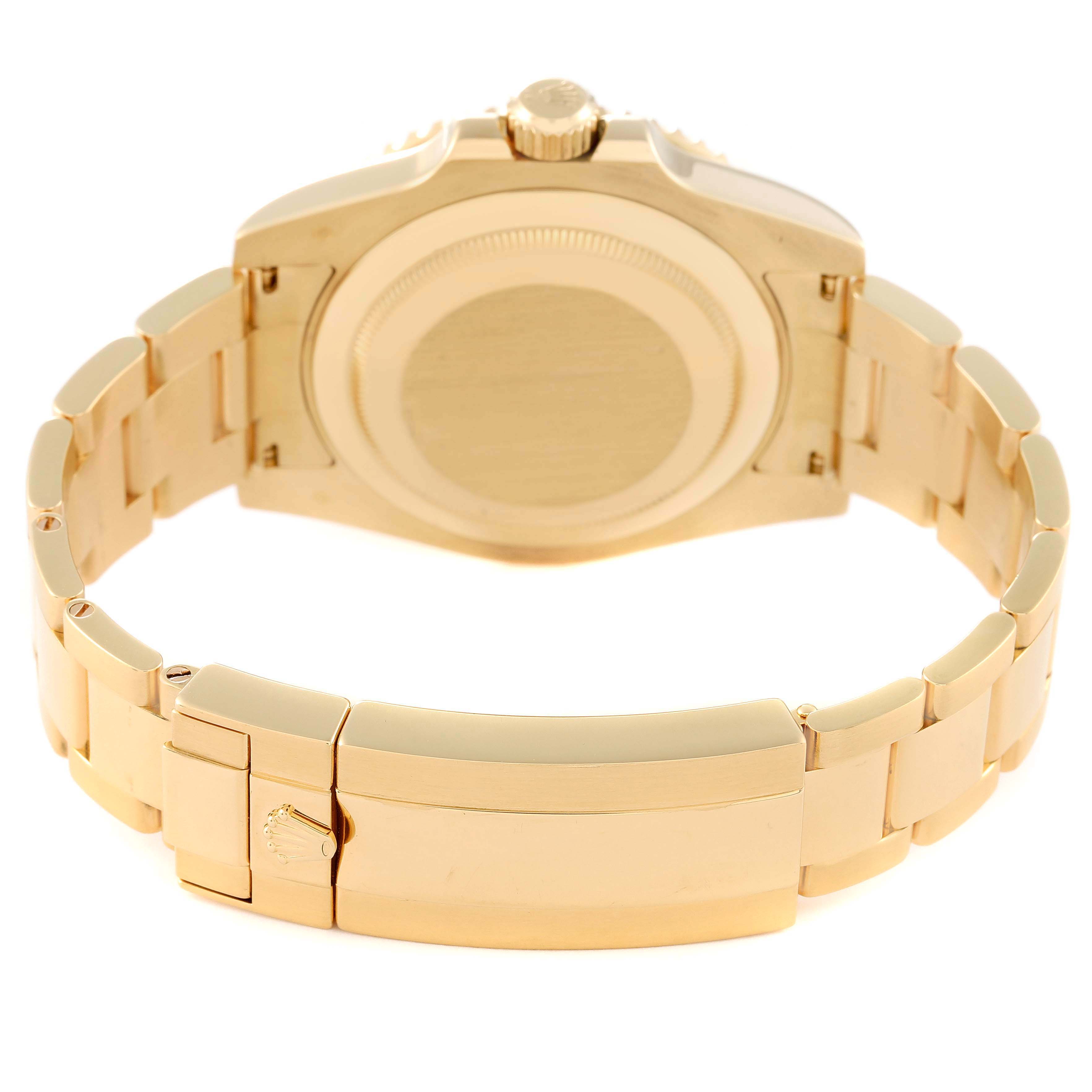 The image shows the backside and bracelet of a Rolex Submariner 116618 Men's Yellow Gold Blue Dial 116618 Men's Yellow Gold Blue Dial watch, with the clasp and case back clearly visible.