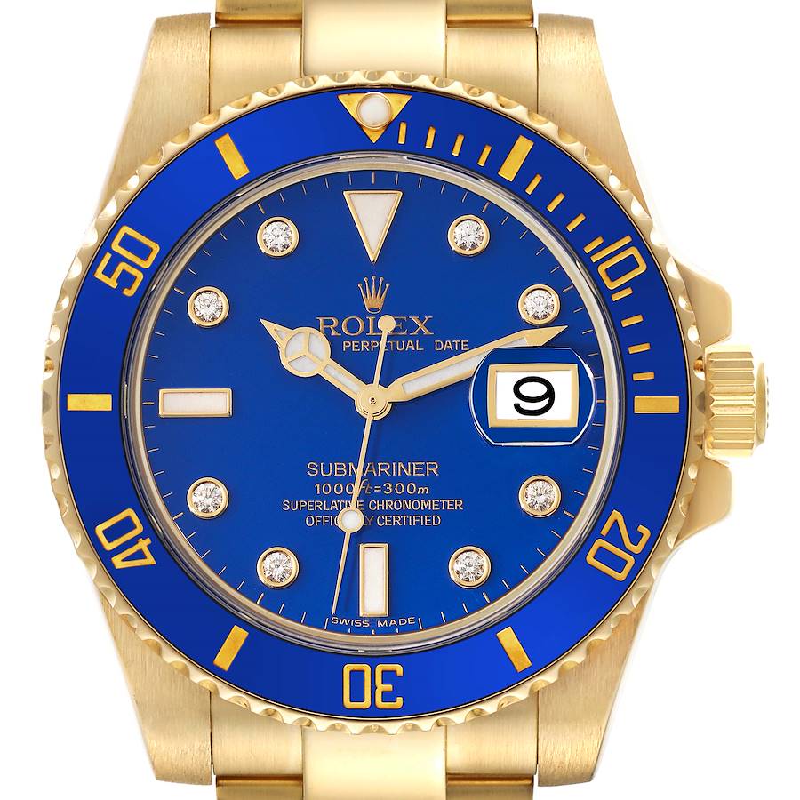 Rolex Submariner Yellow Gold Blue Diamond Dial Mens Watch 116618 Box Card SwissWatchExpo