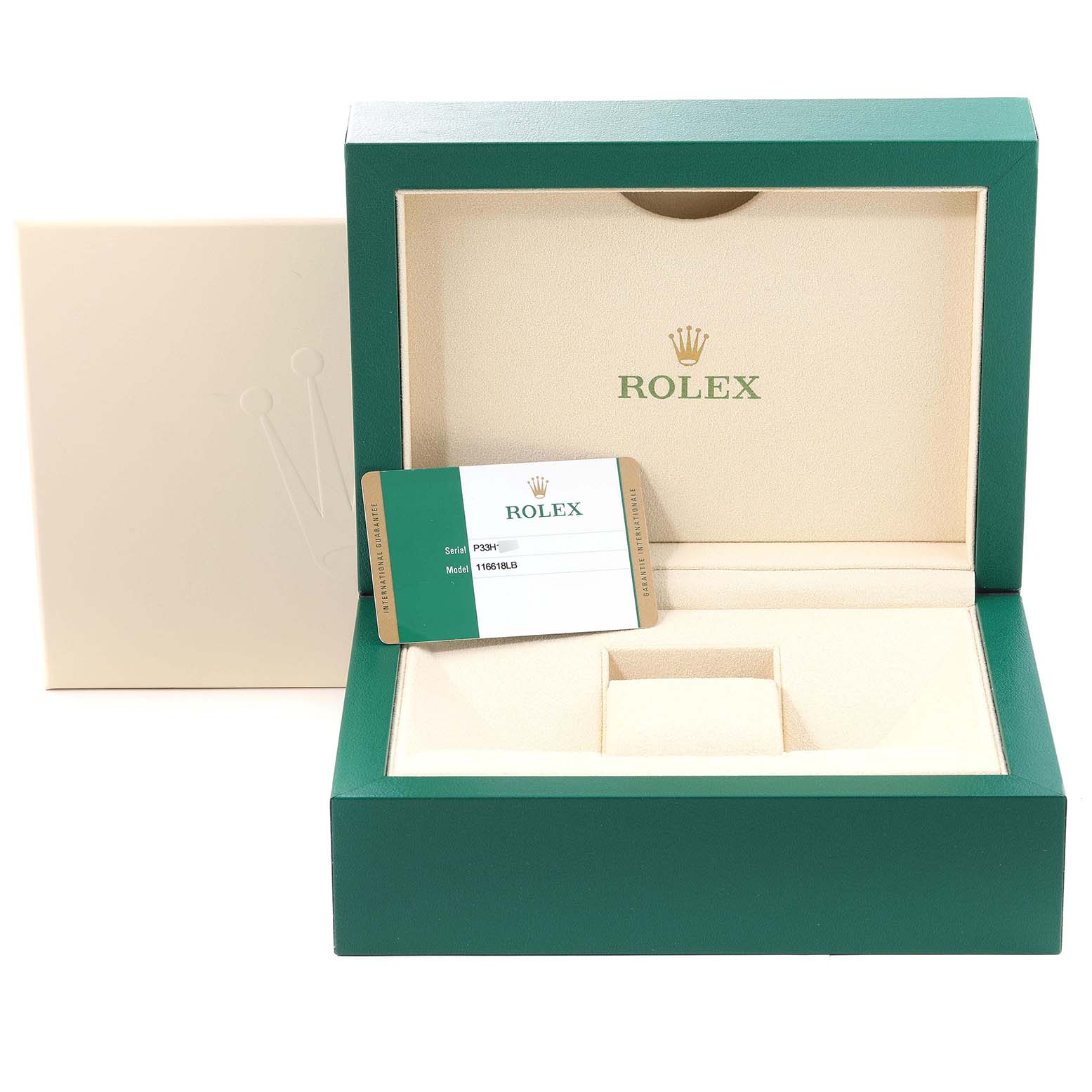 The image shows an open Rolex Submariner 116618 Men's Yellow Gold Blue Dial 116618 Men's Yellow Gold Blue Dial watch box with an accompanying model and serial number card.