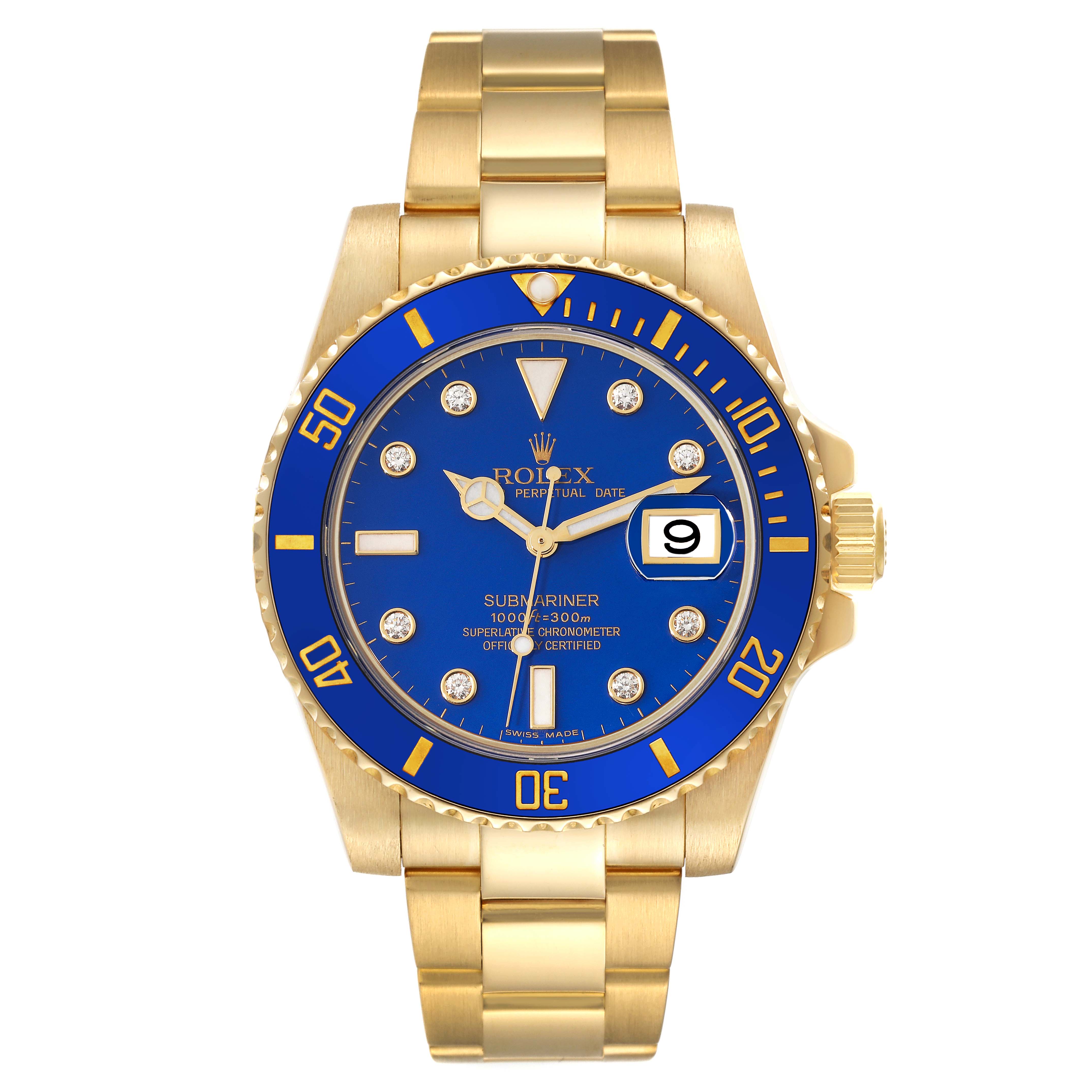 This image shows a front view of the Rolex Submariner 116618 Men's Yellow Gold Blue Dial 116618 Men's Yellow Gold Blue Dial watch highlighting its blue dial, gold bracelet, and bezel.
