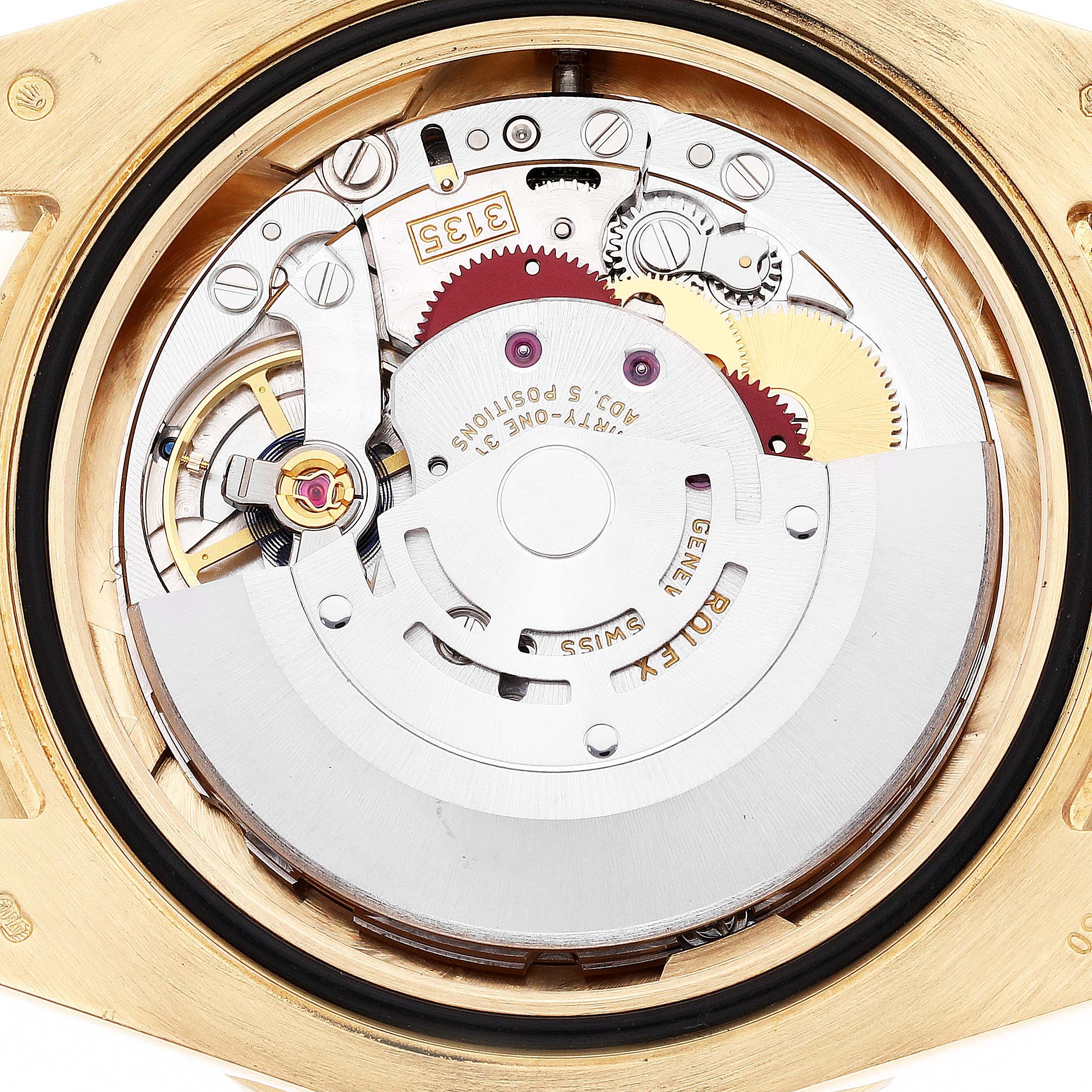 The image shows a close-up of the internal mechanism of a Rolex Submariner 116618 Men's Yellow Gold Blue Dial 116618 Men's Yellow Gold Blue Dial watch.