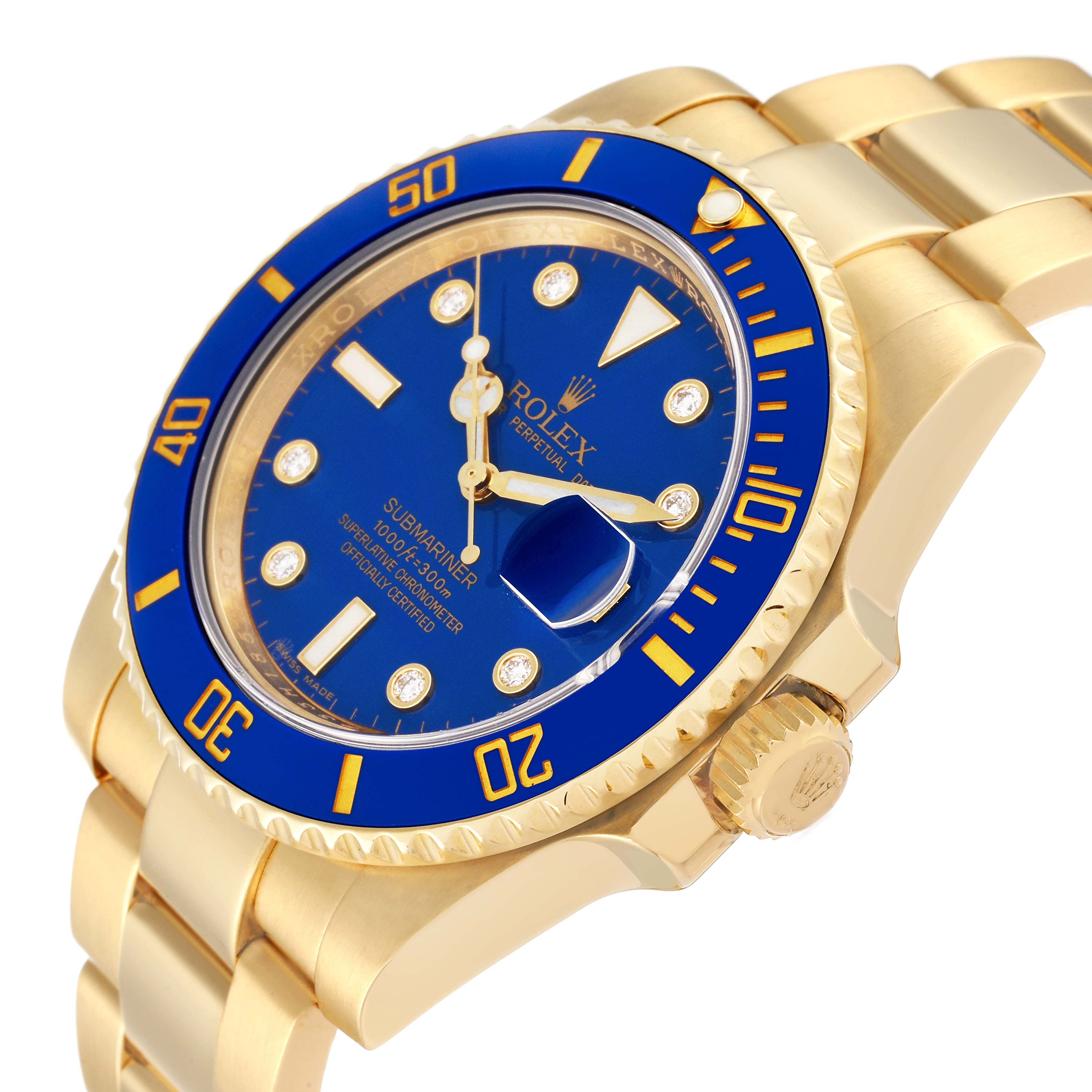 This image shows a close-up of a Rolex Submariner 116618 Men's Yellow Gold Blue Dial 116618 Men's Yellow Gold Blue Dial watch, highlighting its gold bracelet, blue dial, and blue bezel with yellow numbering.