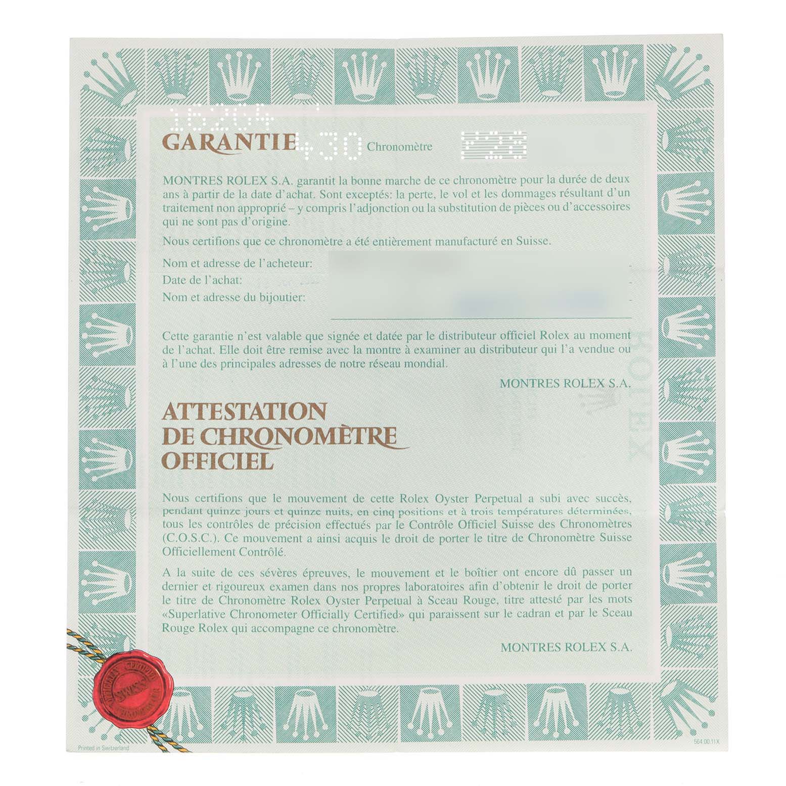 This image shows a warranty and official chronometer certification document for a Rolex Turn-o-Graph 16264 Men's Stainless Steel Black Dial 16264 Men's Stainless Steel Black Dial watch.