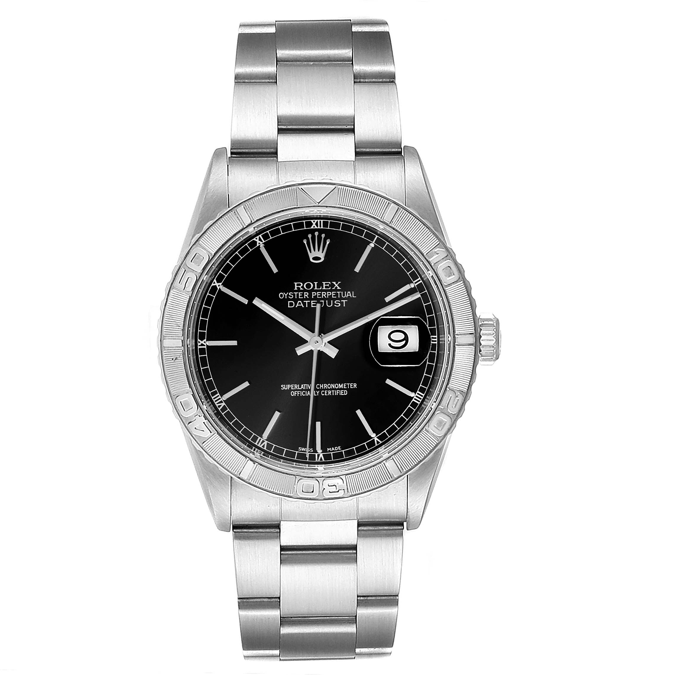 The image shows a full frontal view of a Rolex Turn-o-Graph 16264 Men's Stainless Steel Black Dial 16264 Men's Stainless Steel Black Dial wristwatch, highlighting its black dial, date window, and stainless steel bracelet.