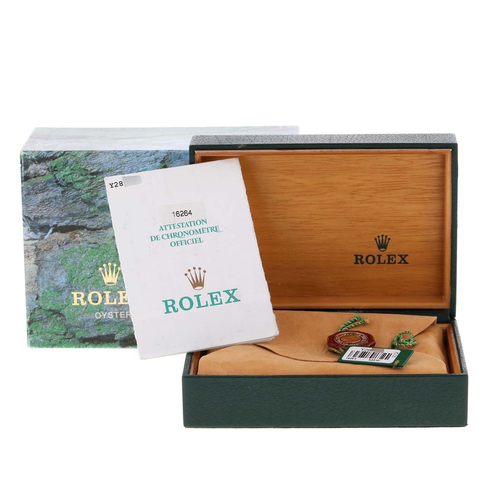 The image shows the packaging and accessories of a Rolex Turn-o-Graph 16264 Men's Stainless Steel Black Dial 16264 Men's Stainless Steel Black Dial model watch, including the box, certificate, and tags.