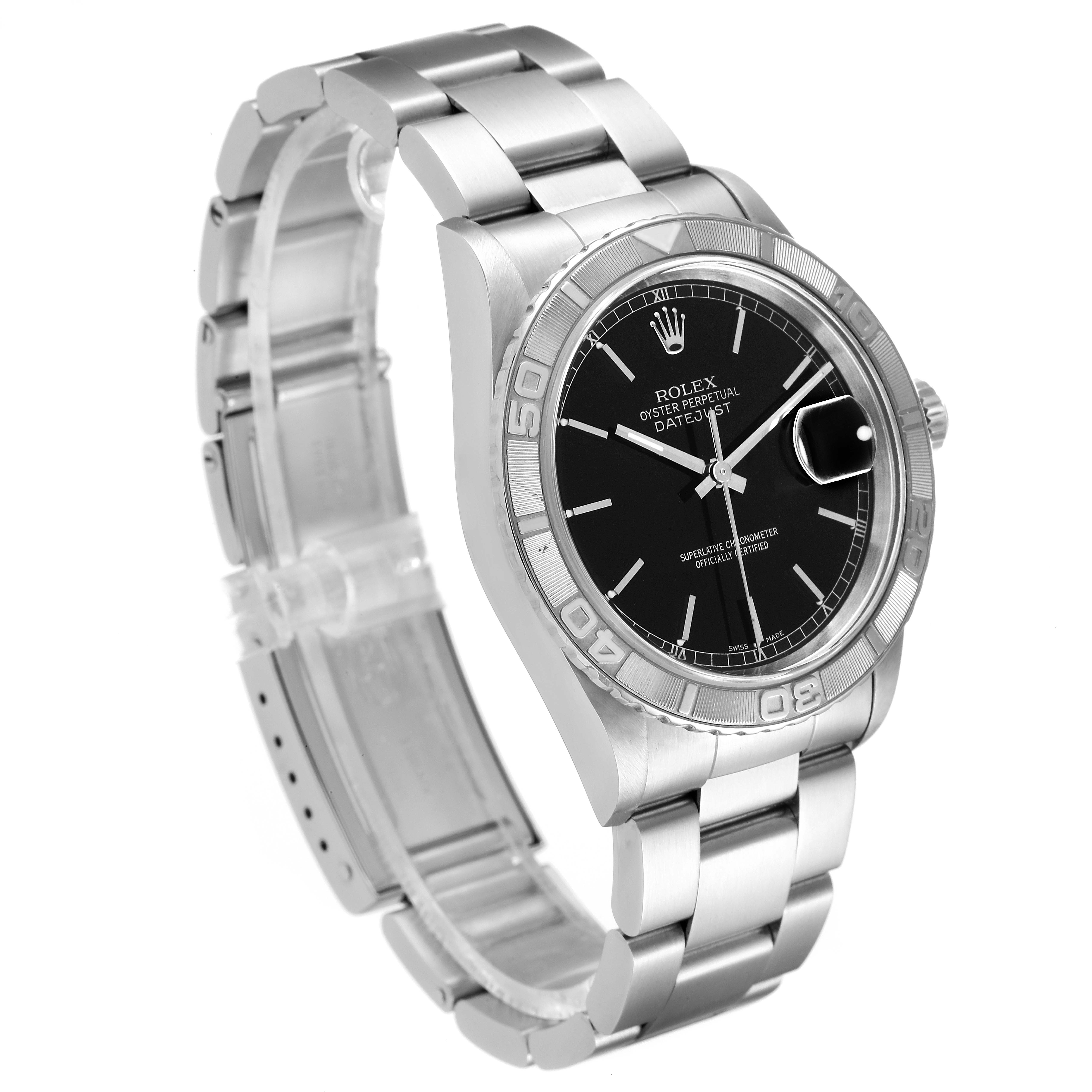 The image shows a Rolex Turn-o-Graph 16264 Men's Stainless Steel Black Dial 16264 Men's Stainless Steel Black Dial watch at a three-quarter angle, highlighting its bezel, dial, bracelet, and clasp.