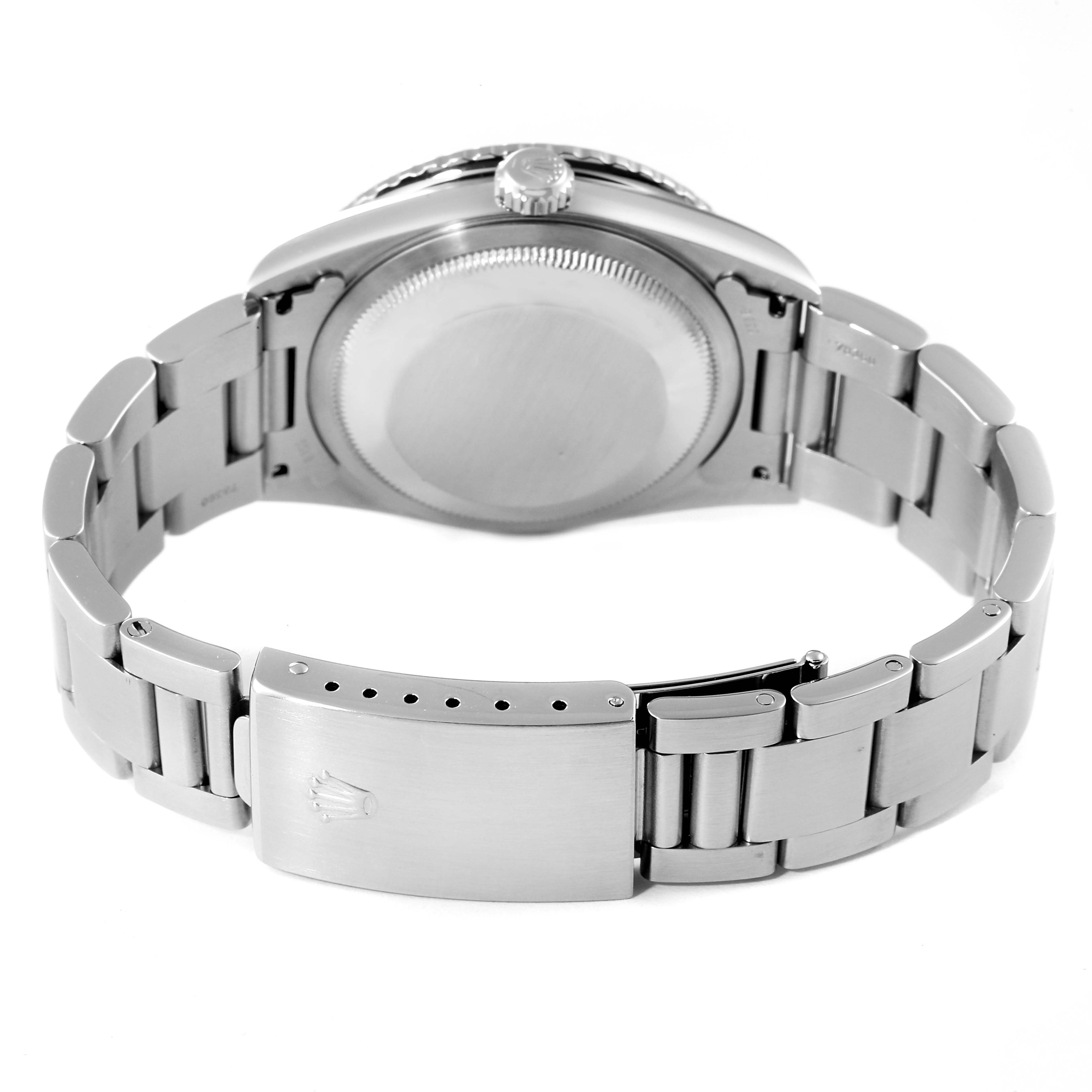 This image shows the back view of a Rolex Turn-o-Graph 16264 Men's Stainless Steel Black Dial 16264 Men's Stainless Steel Black Dial watch, including the case back, crown, and bracelet clasp.